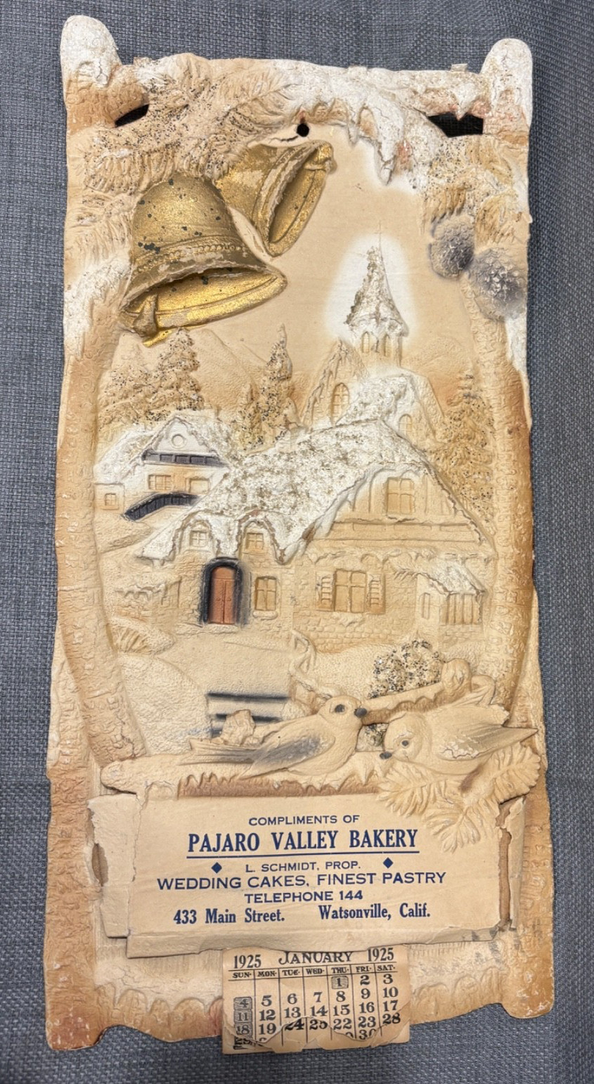Vintage 1925 Embossed Pressed Paper Calendar Pajaro Valley Bakery Watsonville CA