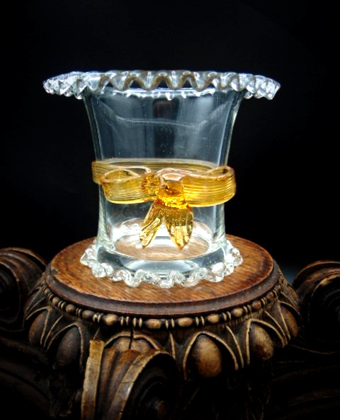 Antique Harrach Bohemian Art Glass Vase Applied Amber Ribbon Bow Victorian