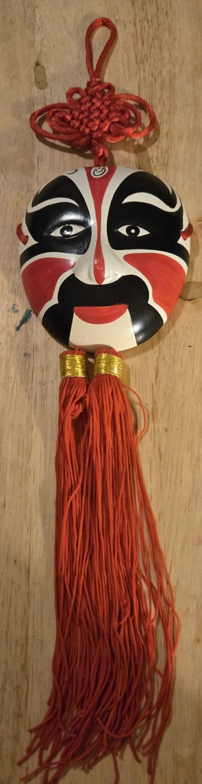 Vintage Plaster Peking Opera Mask Hand Painted Chinese Wall Hanging Tassel VGC