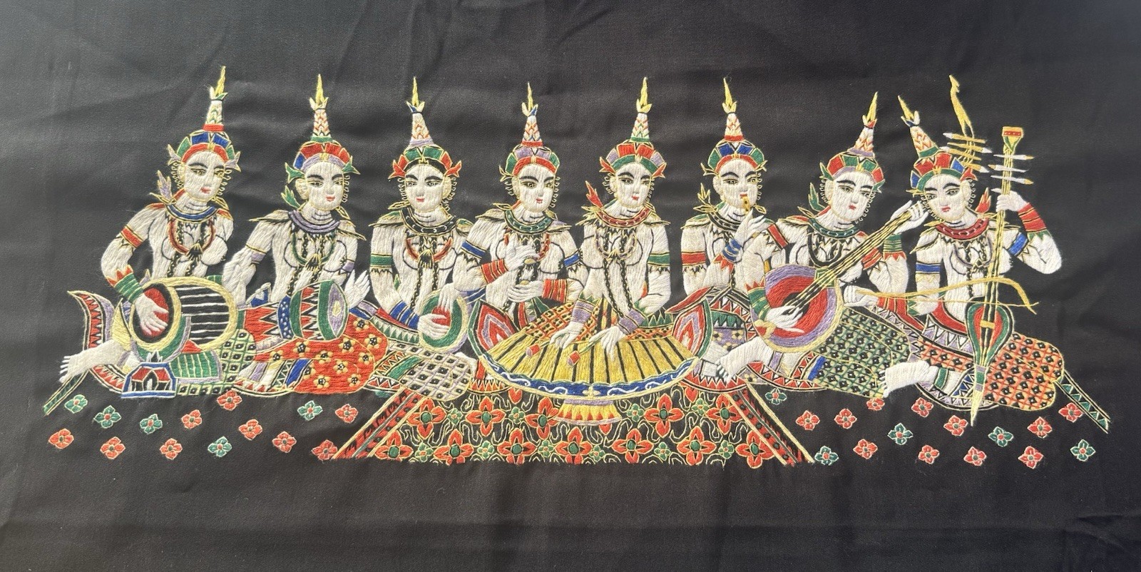 Vintage Thai Hand embroidered, Black Cotton backing, Met/gold thread outliines. Vintage Thai Hand embroidered, Black Cotton backing, Met/gold thread outliines.