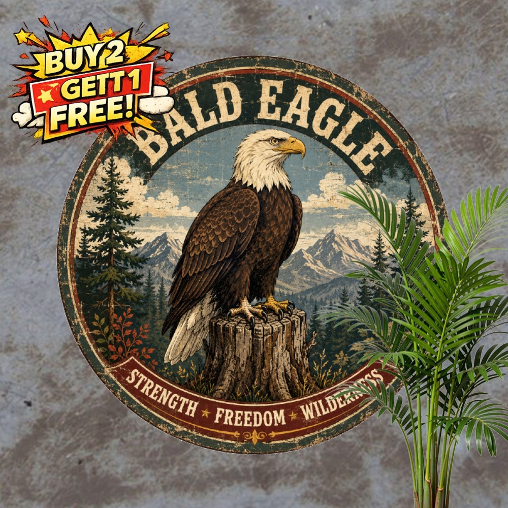 Patriotic American Bald Eagle Metal Plaque Round US Pride Wall Tin Sign 8x8
