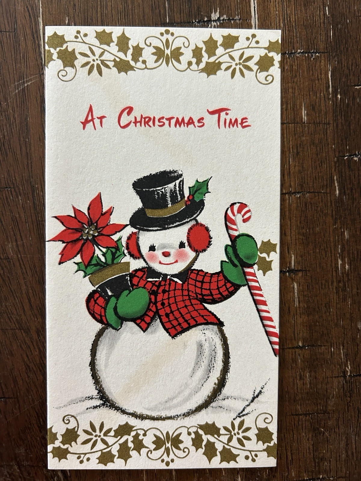 Vintage Mid Century Forget-Me-Not Christmas Card Snowman Poinsettia 1960s Retro