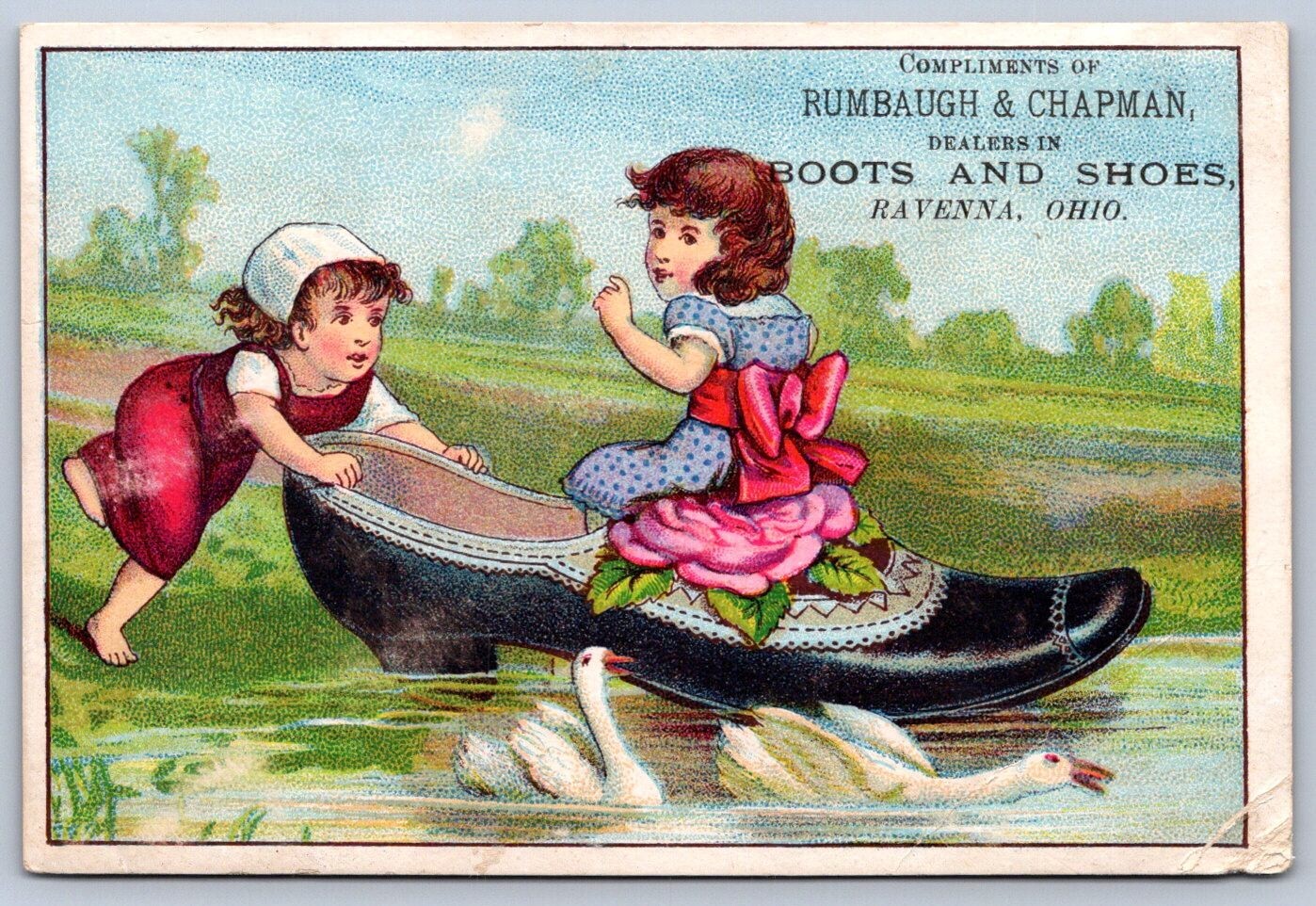 K21/ Victorian Trade Card c1880s Ravenna Ohio Rumbaugh Chapman Shoes 444