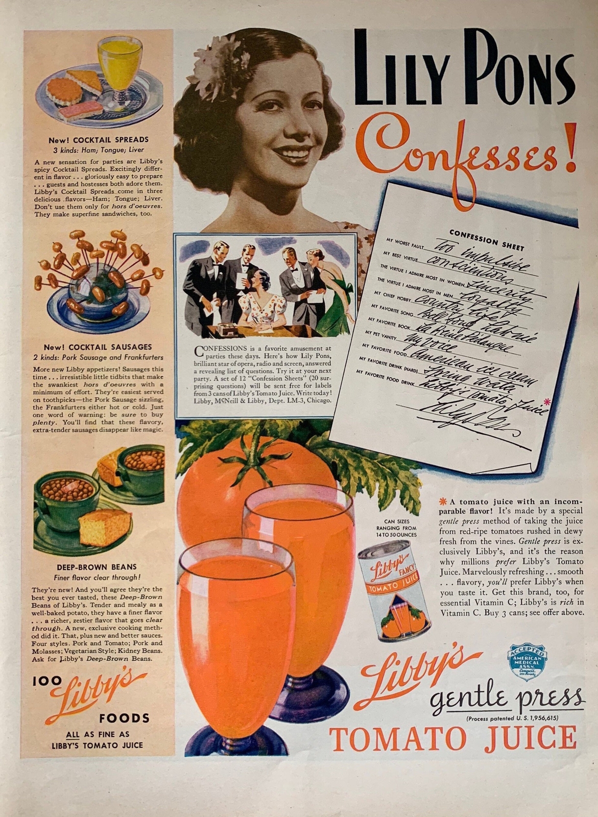 Vintage 1937 Libby’s Tomato Juice, Lily Pons Ad