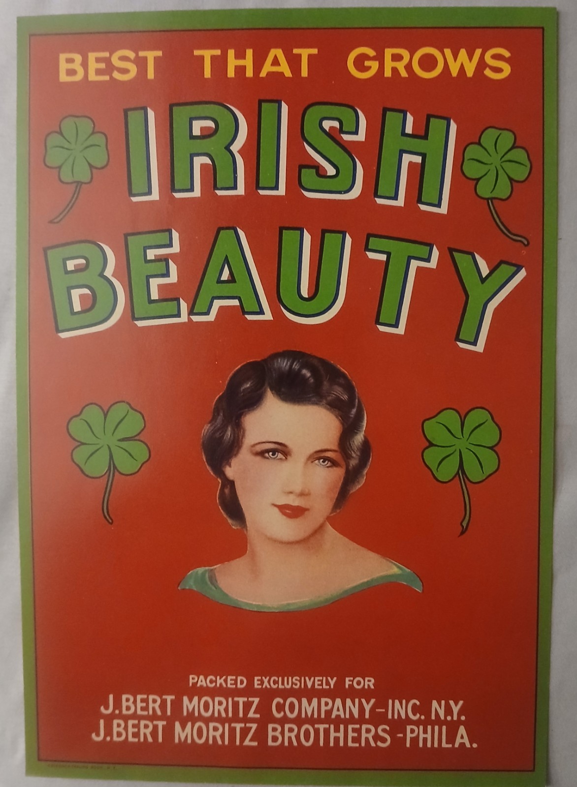 Vintage Irish Beauty Original 1940s Phila. NY Vegetables Crate Label Vintage Irish Beauty Original 1940s Phila. NY Vegetables Crate Label