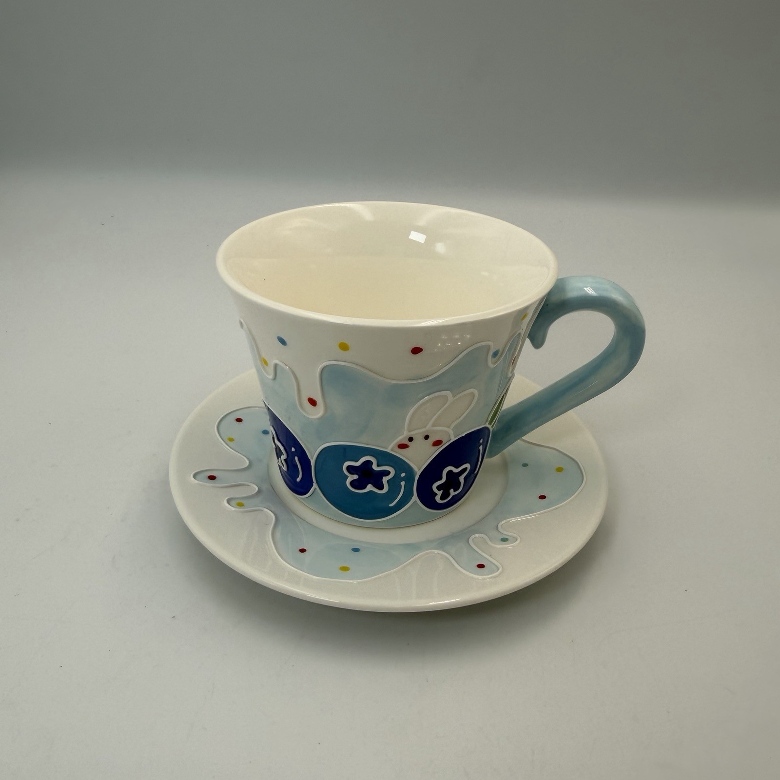 Hand-Painted Kawaii Blueberry Mug and Saucer Set