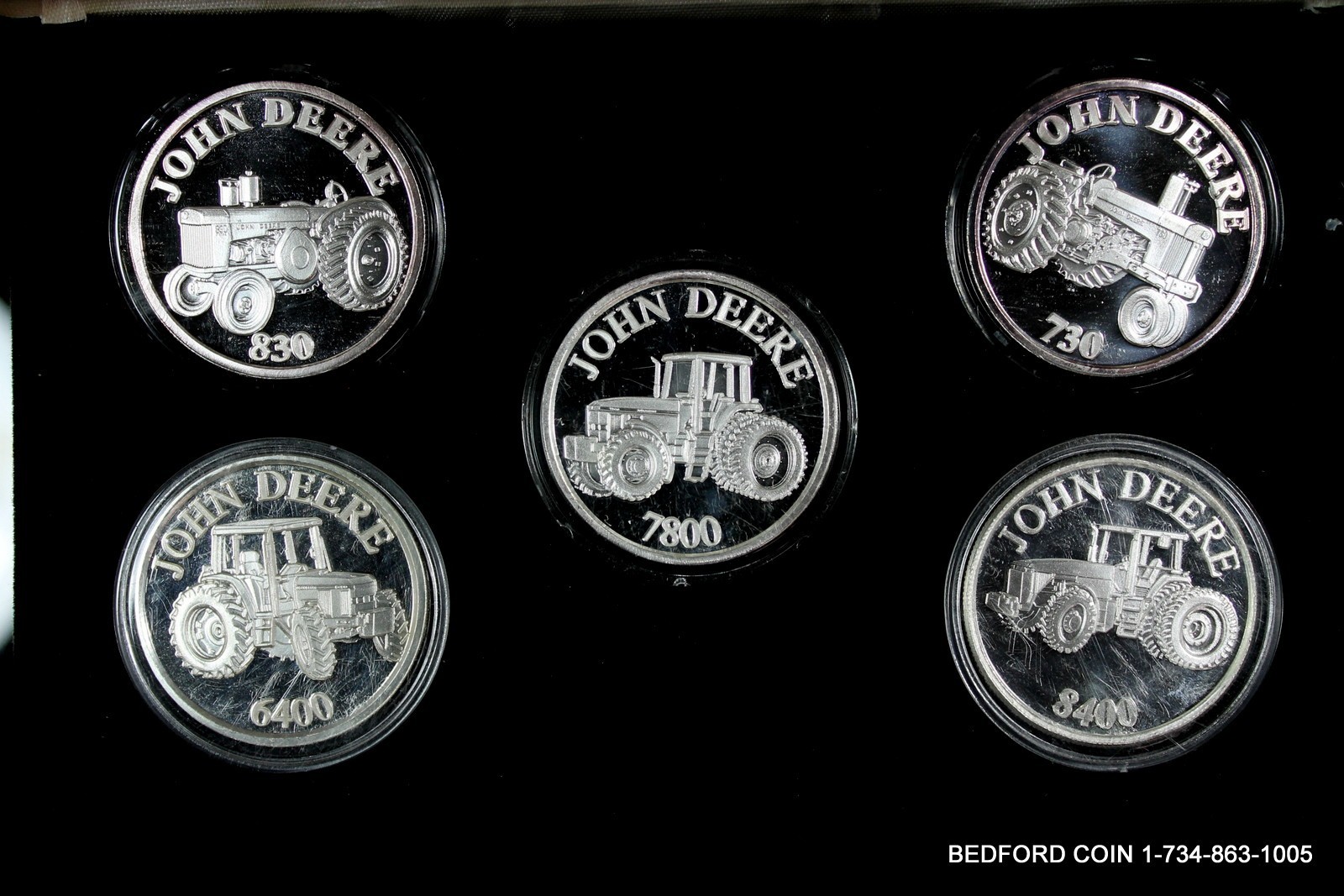 BU (5pc SET) OF 1 oz .999 SILVER JOHN DEERE TRACTORS 730 ,830 ,6400 ,7800 ,8400 BU (5pc SET) OF 1 oz .999 SILVER JOHN DEERE TRACTORS 730 ,830 ,6400 ,7800 ,8400