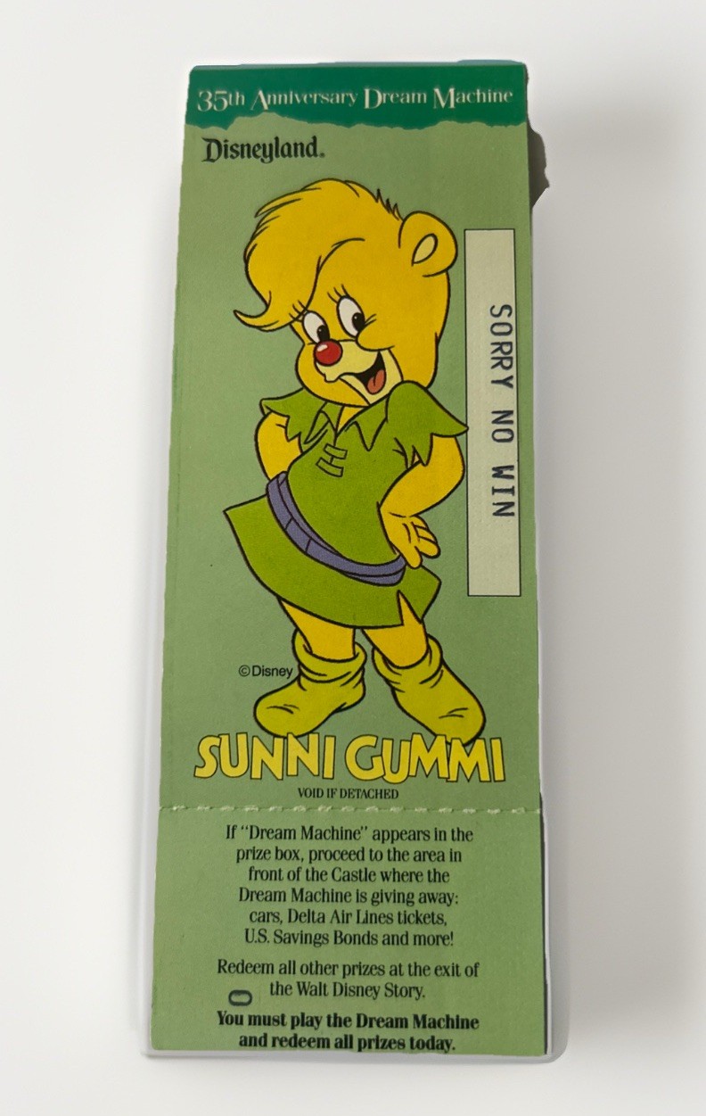 VTG Disneyland 35th Anniversary Dream Machine Character Ticket Sunni Gummi 1990 VTG Disneyland 35th Anniversary Dream Machine Character Ticket Sunni Gummi 1990