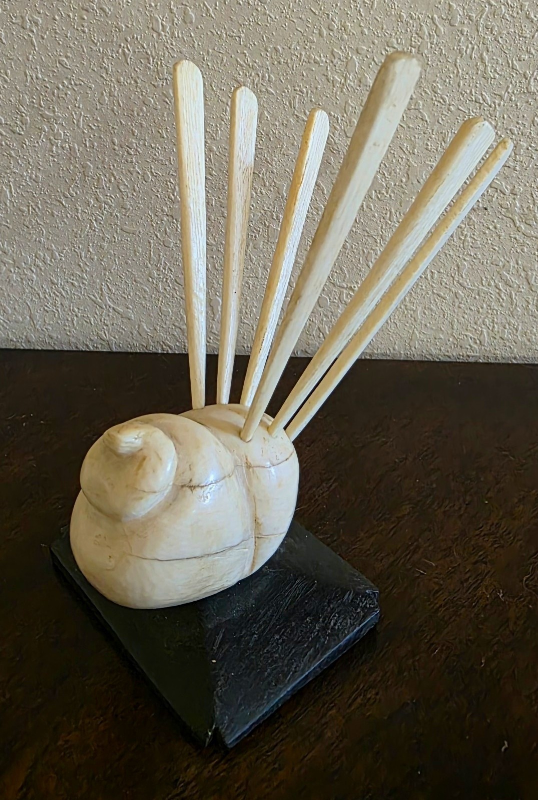 vintage Abstract Stone or ?  & Wood Sculpture Carved Shell, 6 Hair pins