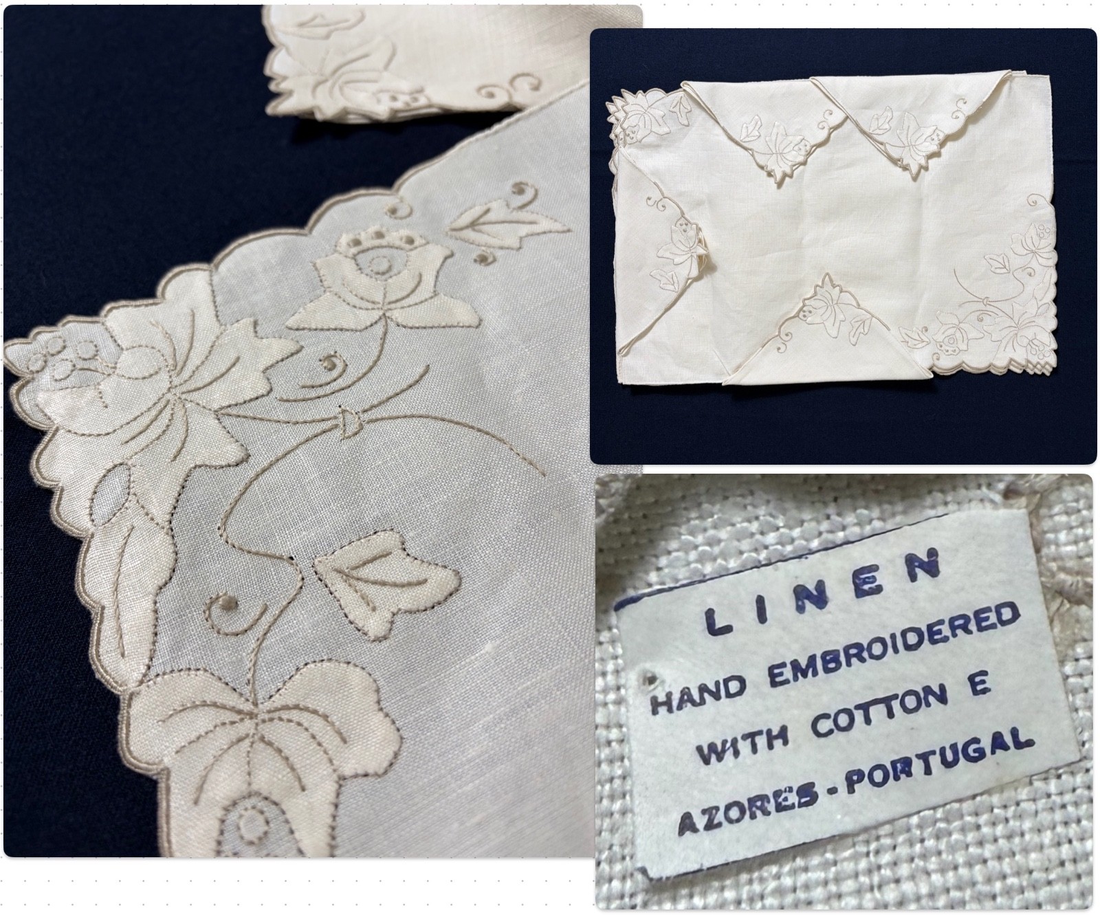 Set 4 VTG Portugal Hand Embroidered Linen Placemats Napkins Ecru Floral Corners Set 4 VTG Portugal Hand Embroidered Linen Placemats Napkins Ecru Floral Corners