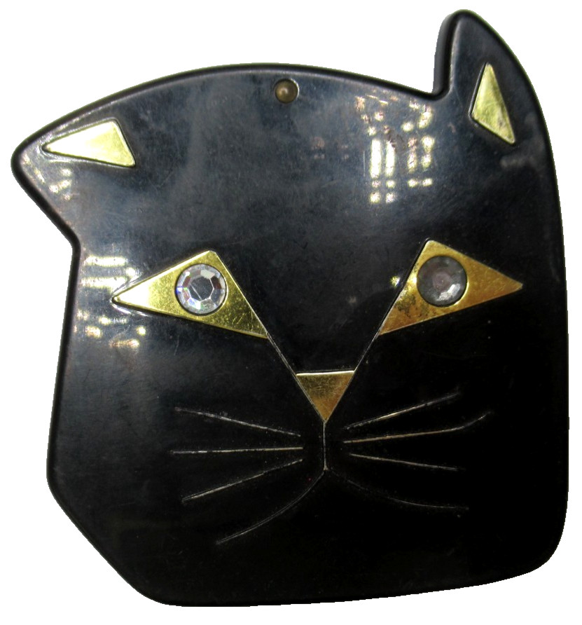 Vintage Black Lucite & Rhinestone Cat Head Mirror Compact