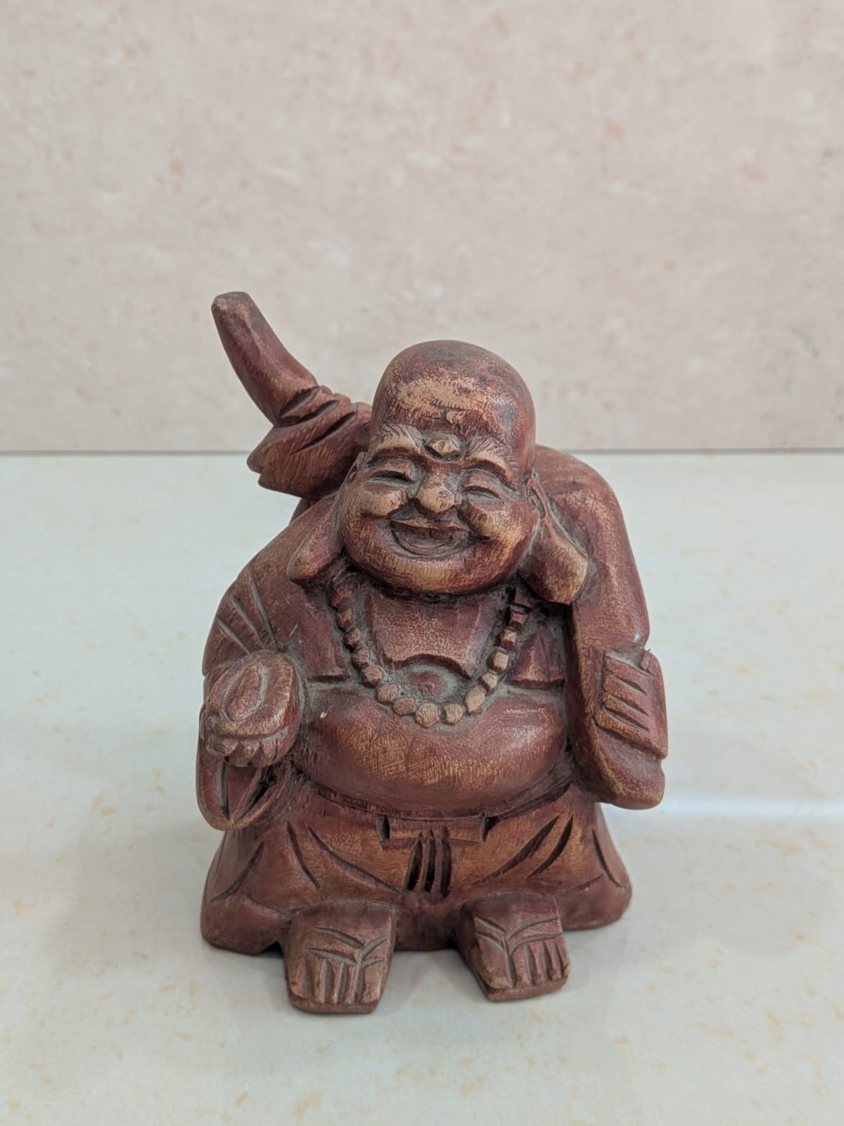 Vintage Old Hand Carved Wood Laughing Buddha Statue Hotei Carrying Sack Figurine