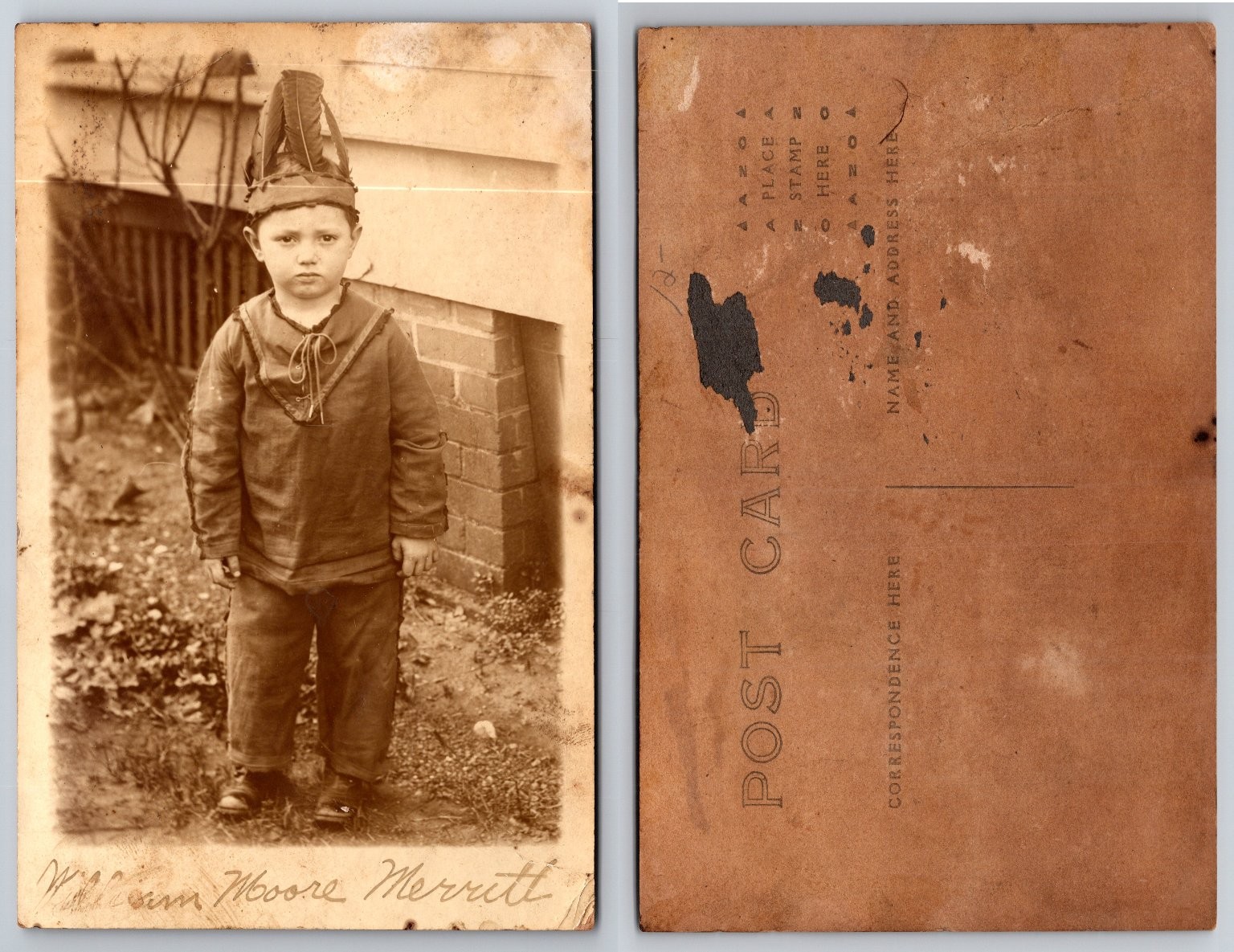 RPPC William Moore Merritt Boy Native American Costume Feathered Hat 1910s RPPC William Moore Merritt Boy Native American Costume Feathered Hat 1910s