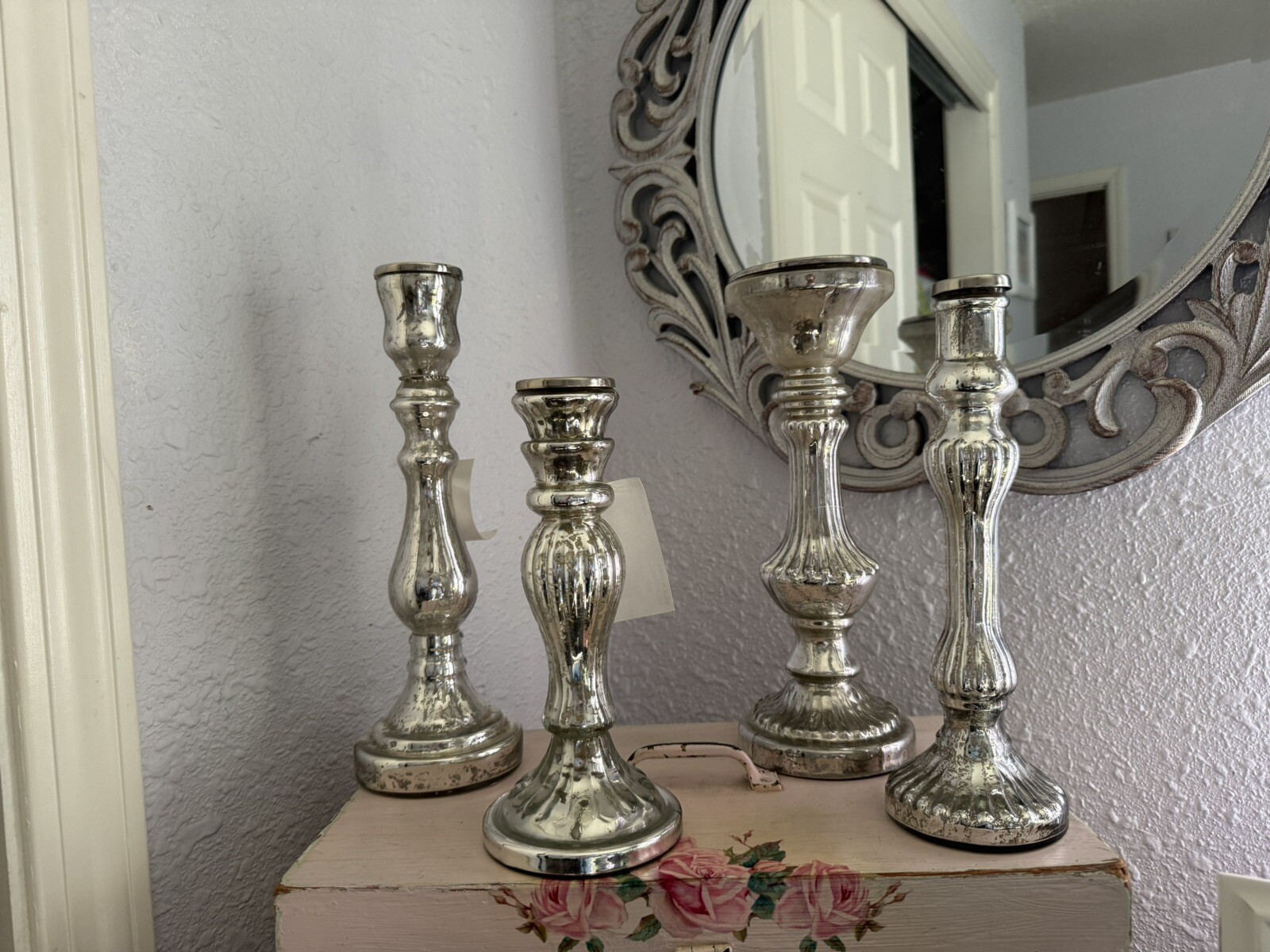 Set Of 4 Elegant Silver Mercury Glass Candleholders….new