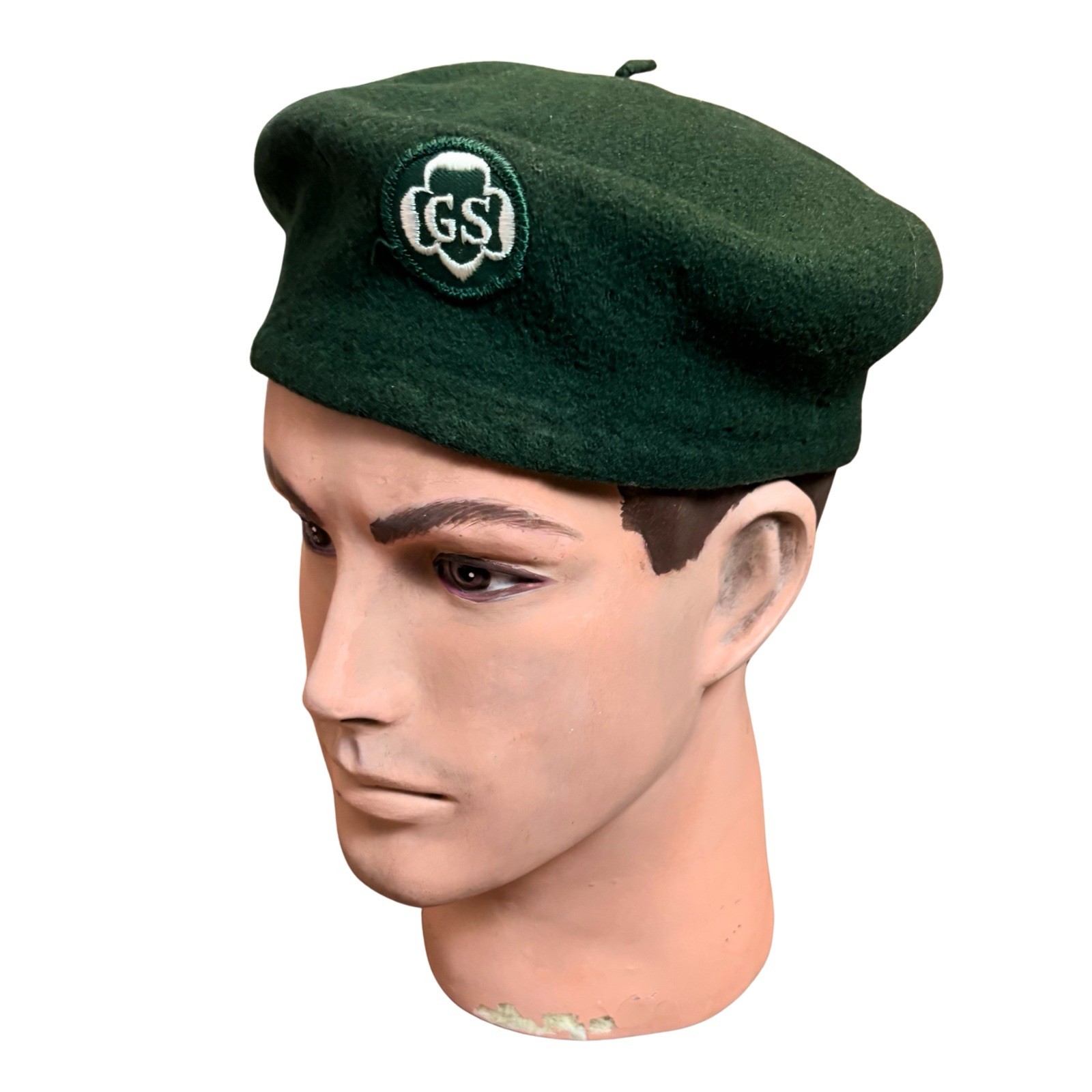 Vintage Kangol Wool Beret Made in England Green Girl Scouts GS Patch Unisex Hat