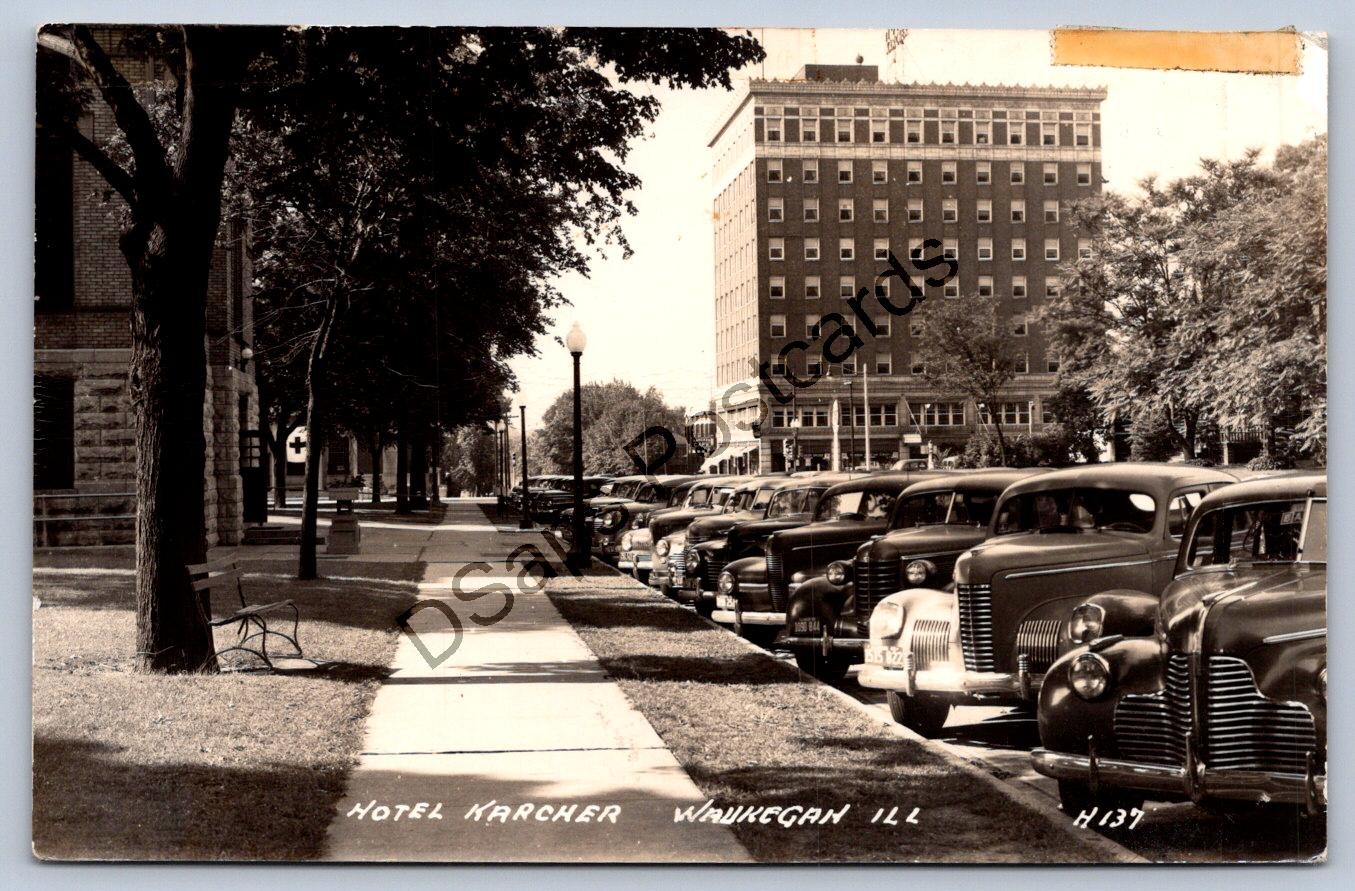 K65/ Waukegan Illinois RPPC Postcard c1940s Hotel Karcher Automobiles 296 K65/ Waukegan Illinois RPPC Postcard c1940s Hotel Karcher Automobiles 296