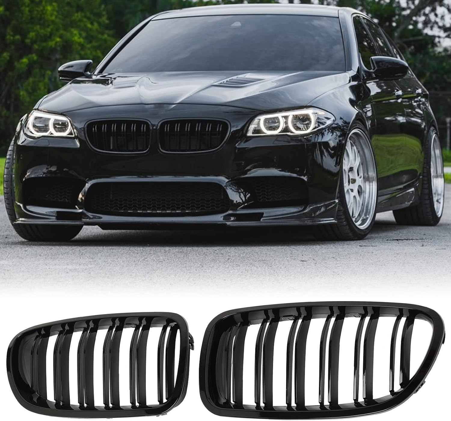 F10 Grille - Front Kidney Grille ABS Double Slats Gloss Black 2Pcs