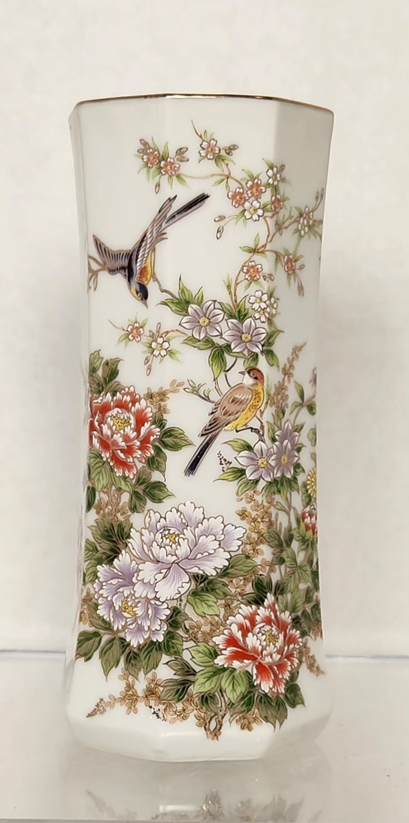 Vtg mid-century John Buck Japanese Flower Bird Etched Hexagonal Porcelain Vase Vtg mid-century John Buck Japanese Flower Bird Etched Hexagonal Porcelain Vase