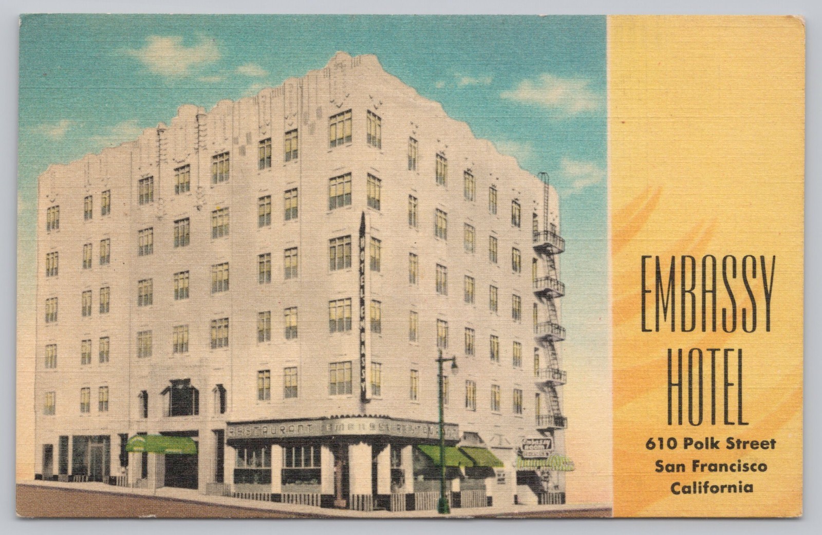 Embassy Hotel, 610 Polk Street, San Francisco CA California Postcard 1954 Embassy Hotel, 610 Polk Street, San Francisco CA California Postcard 1954