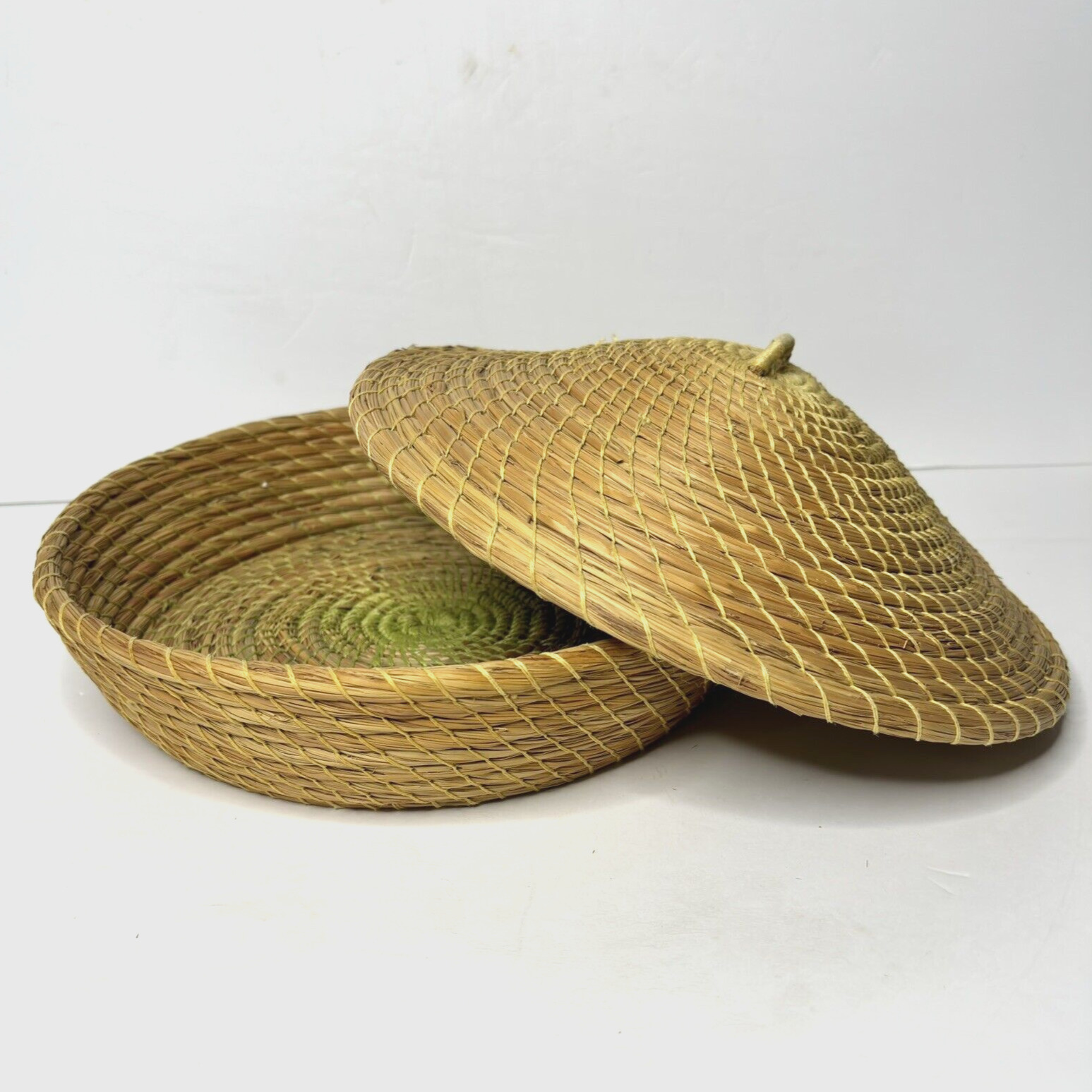 Hand Woven Coiled Grass Straw Basket Lid Round thread storage boho gypsy natural