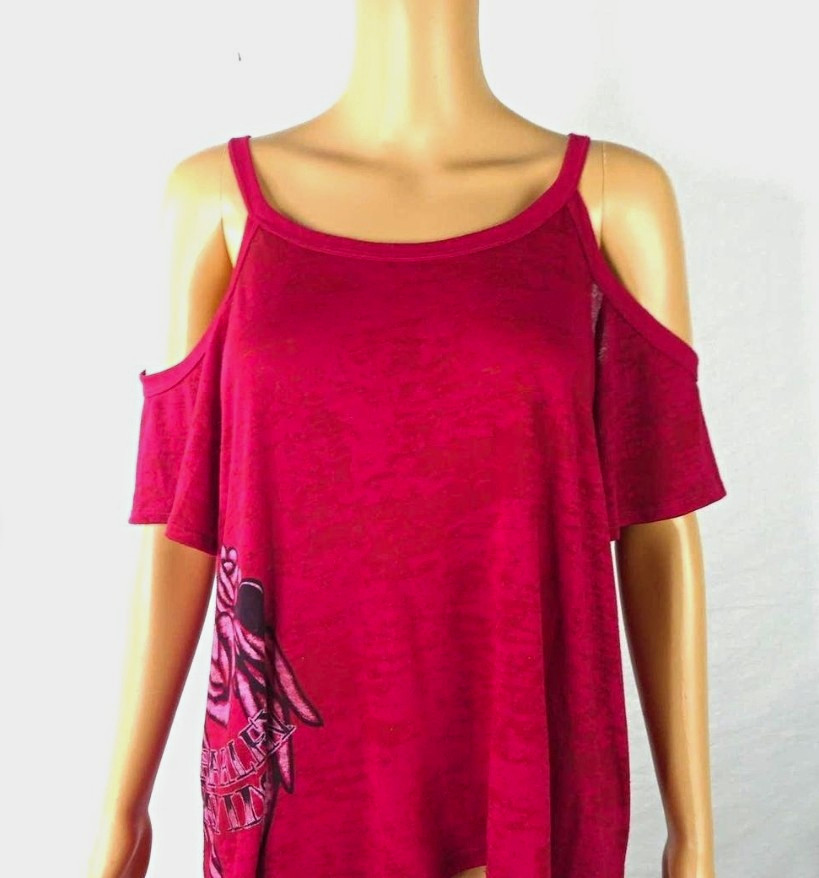 Harley-Davidson Women's Cold Shoulder Top Shirt, Pink Roses Graphic, XL