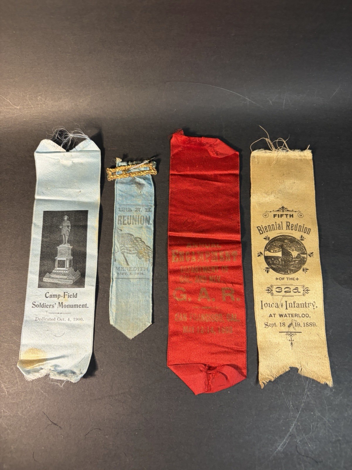1878-1903 4 G.A.R. Veterans Ribbons New Hampshire Iowa California -issues 1878-1903 4 G.A.R. Veterans Ribbons New Hampshire Iowa California -issues