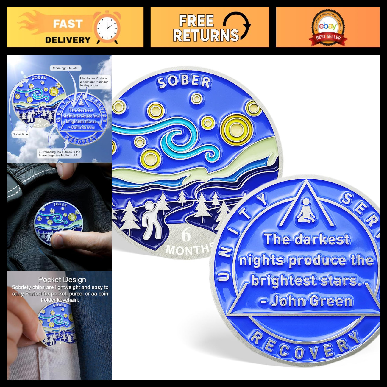 6 Month Sobriety Chip - Starry Night Design, 180 Days AA Recovery Coin
