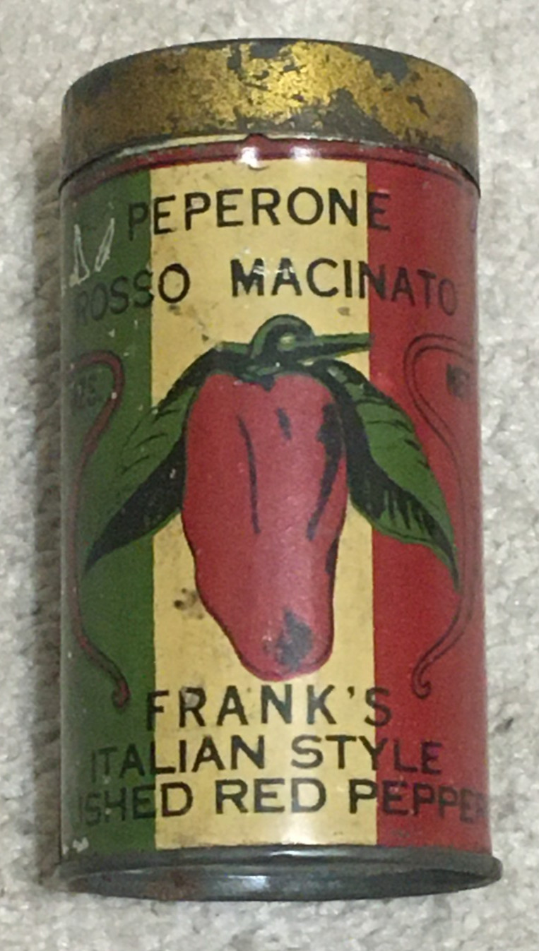 Vintage FRANK’S ITALIAN STYLE RED PEPPERS Round Full Spice Tin, Cincinnati Ohio Vintage FRANK’S ITALIAN STYLE RED PEPPERS Round Full Spice Tin, Cincinnati Ohio