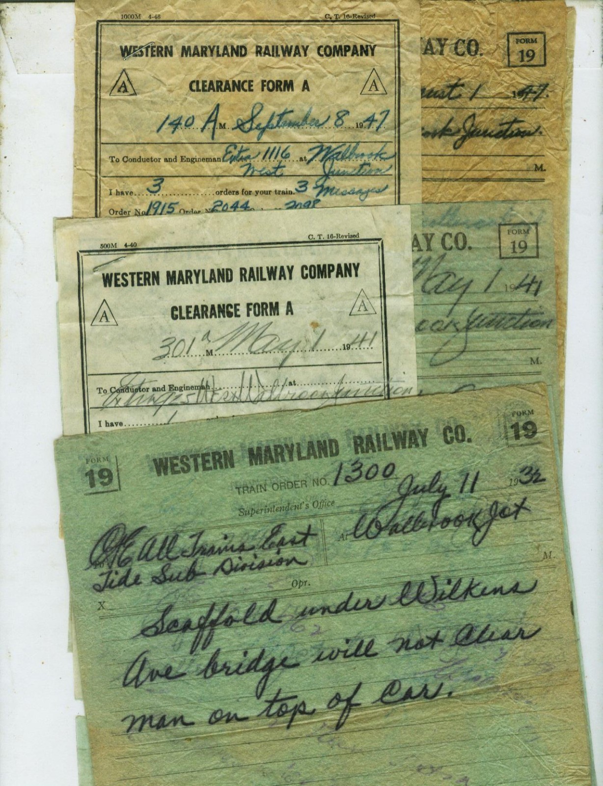 WESTERN MARYLAND RY. TRAIN ORDERS (15) WALBROOK JCT (BALTIMORE) MARYLAND 1932-47