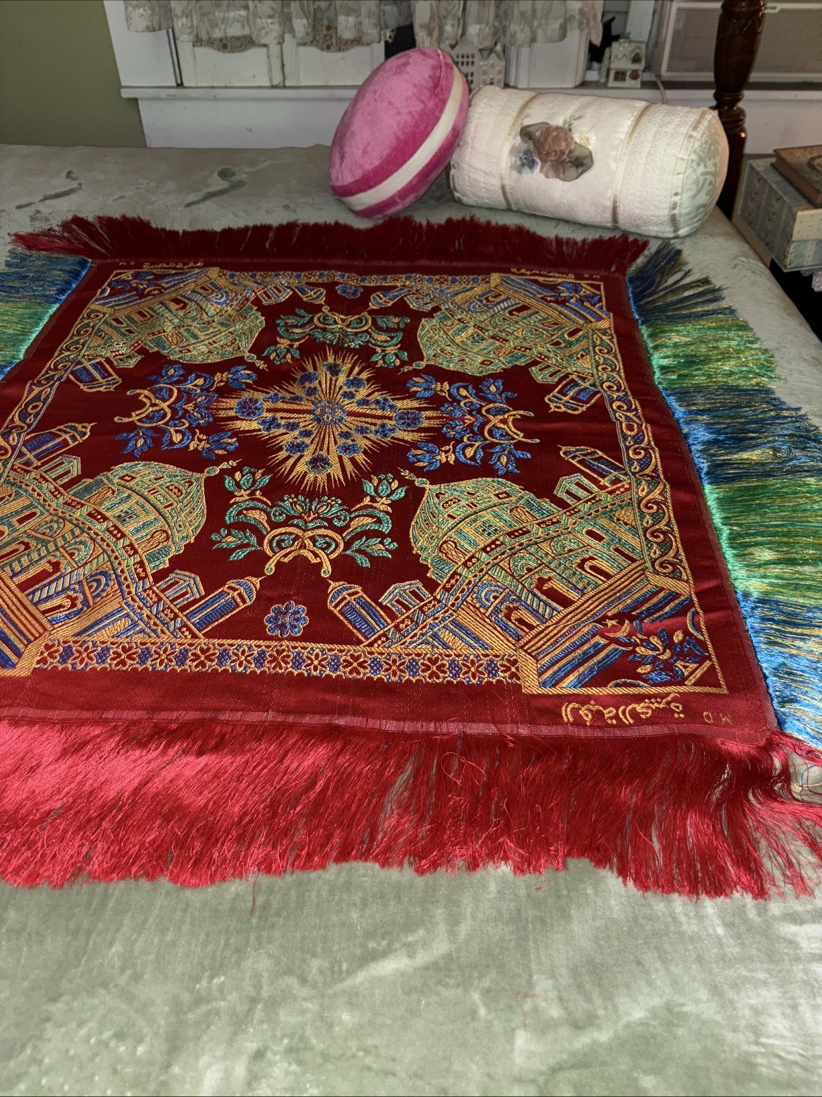 Luxury Silk Brocade Scarf/Ornate Islamic/Central Asian Design/34”X34” 6”Fringe