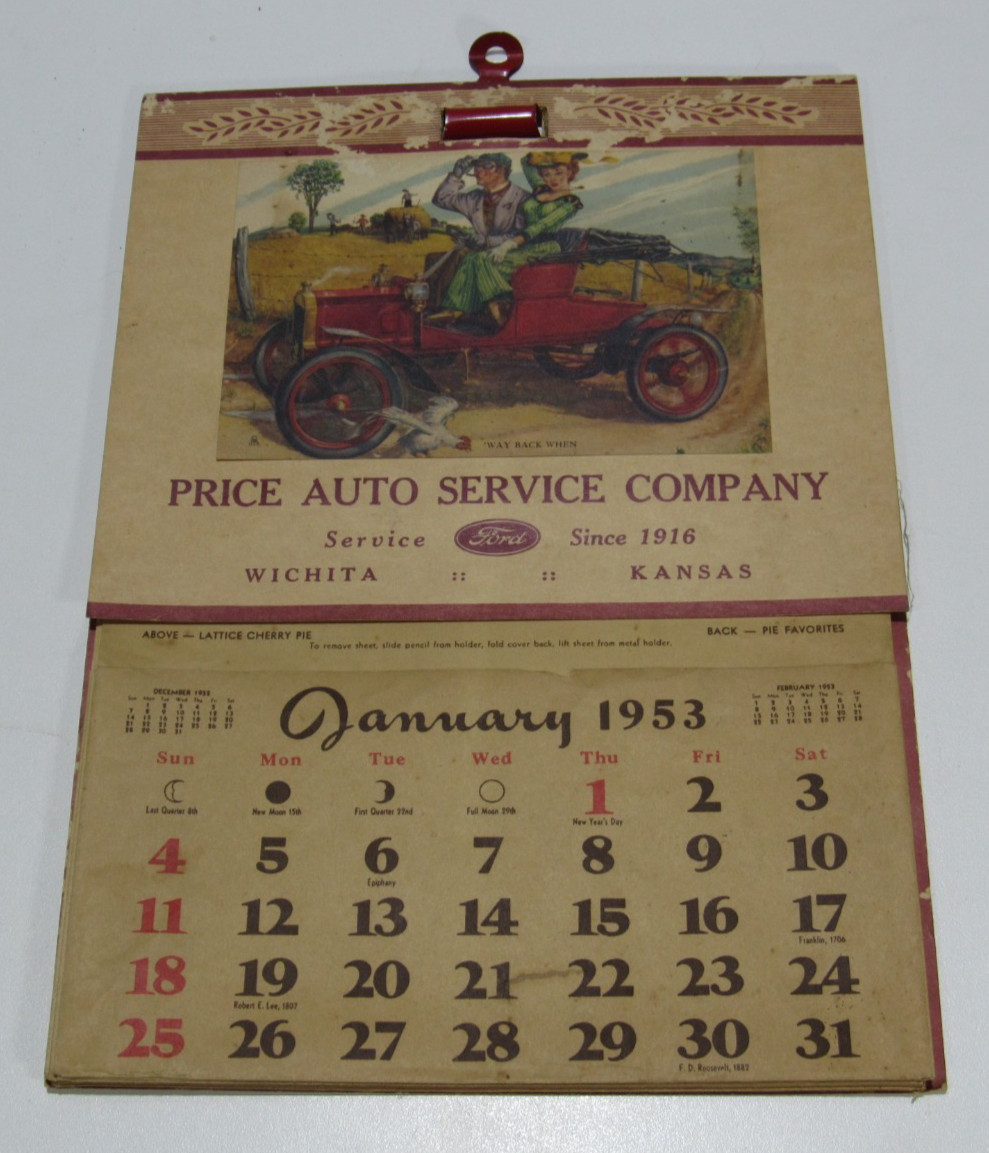 VTG 1953 Price Ford Wichita Kansas Dealership Kitchen Calendar Wall Recipe Bake