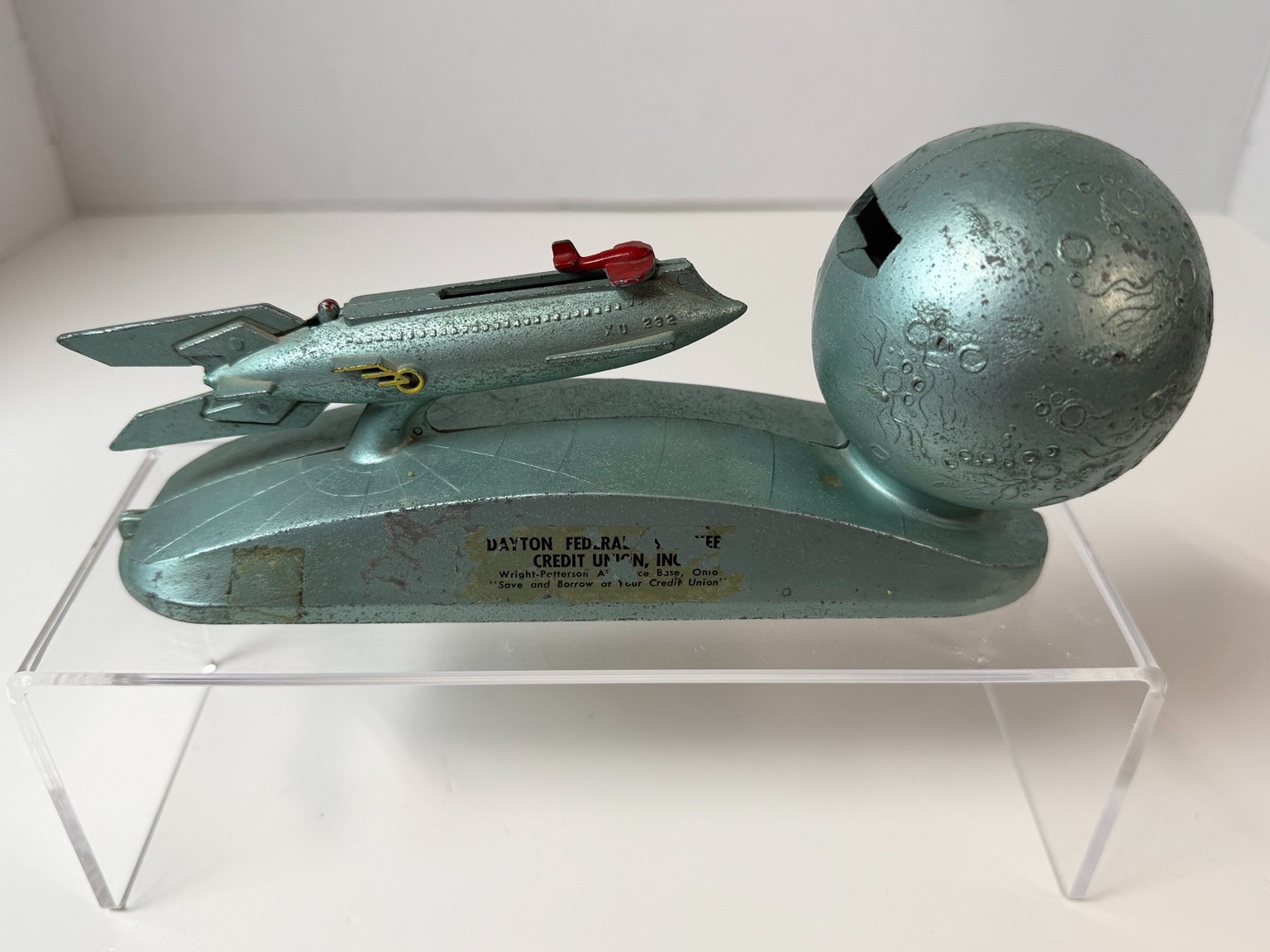 Vintage 1953 Duro Mold Strato Rocket Moon Mechanical Coin Bank XU232 Dayton FCU