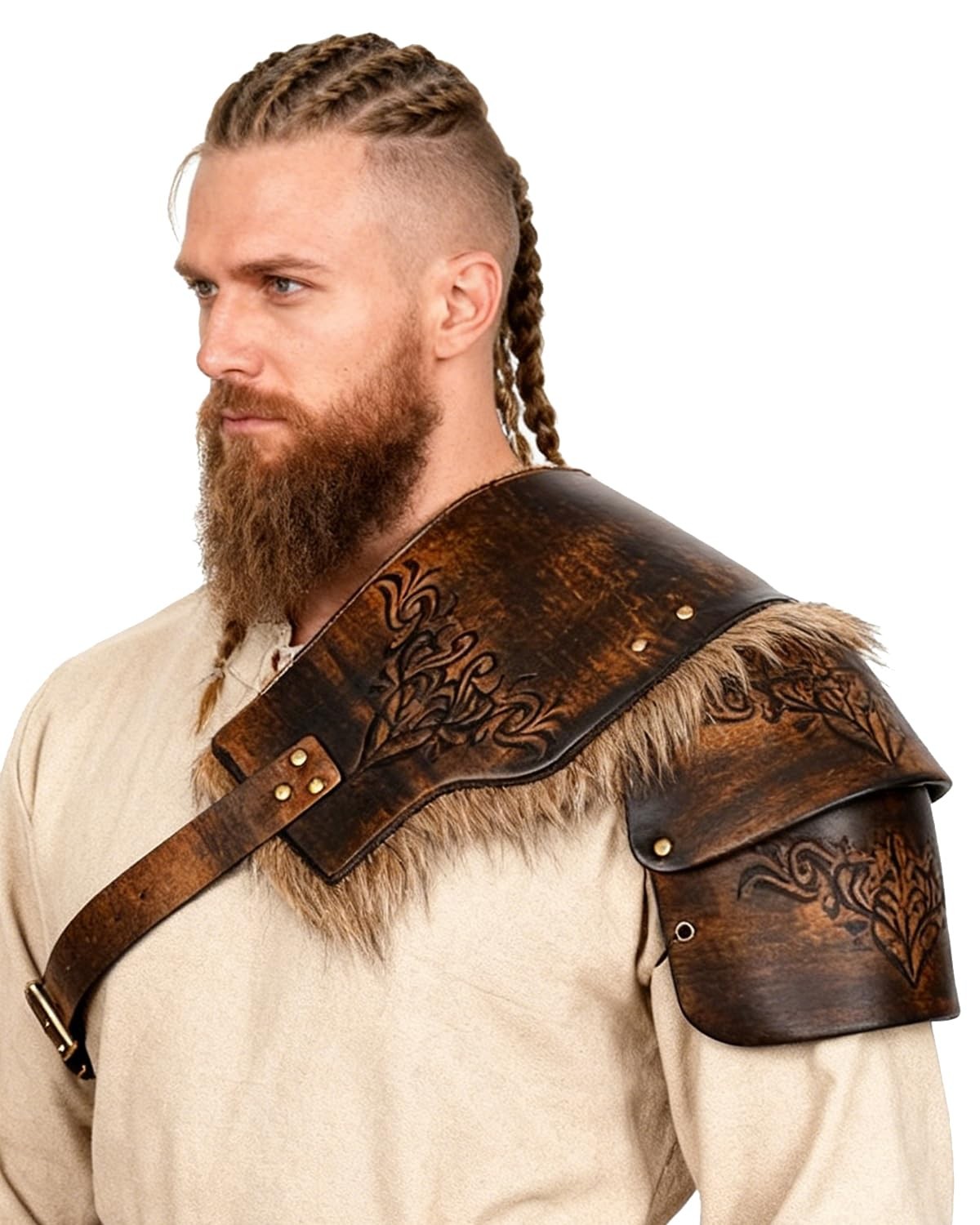 Viking Fur Shoulder Armor Brown Leather Pauldron Medieval Spaulder
