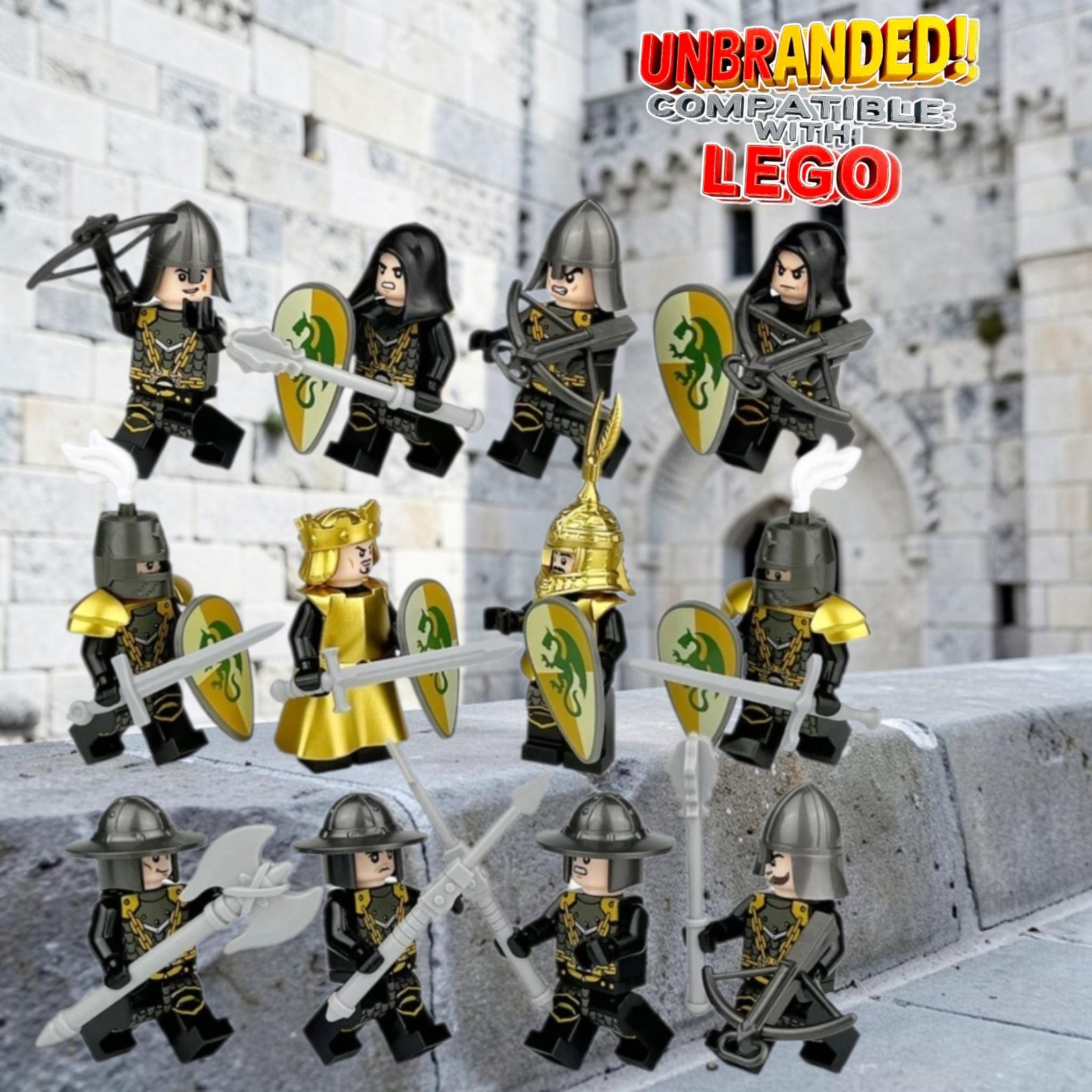 12 Figure Lot Medieval Castle Knight Minifigures Dragon Shield Sword Toy Knights