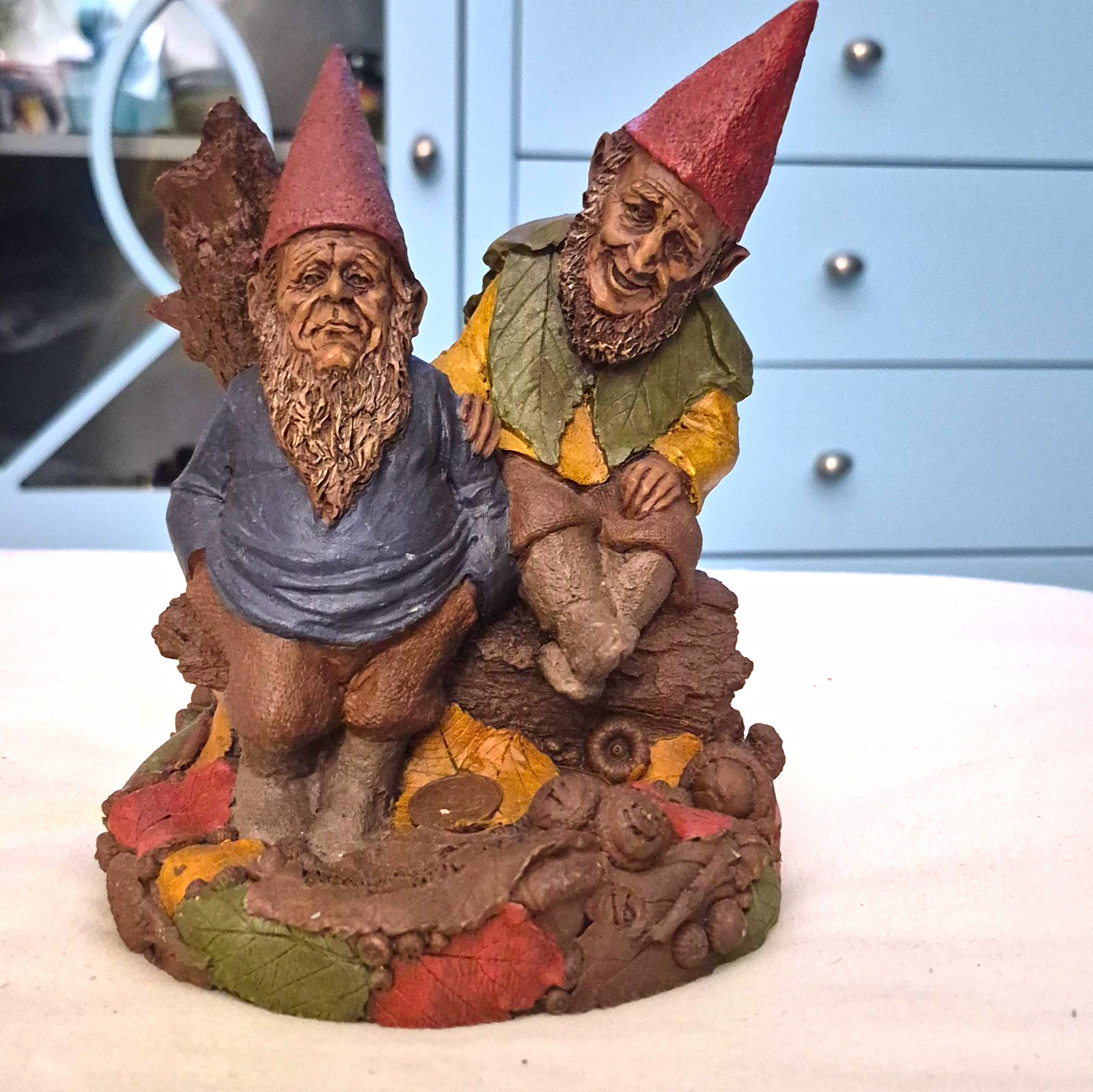 Fantasy Gnomes Figurine Statue, Two Gnomes on Leaf & Acorn Base By Tom Clark