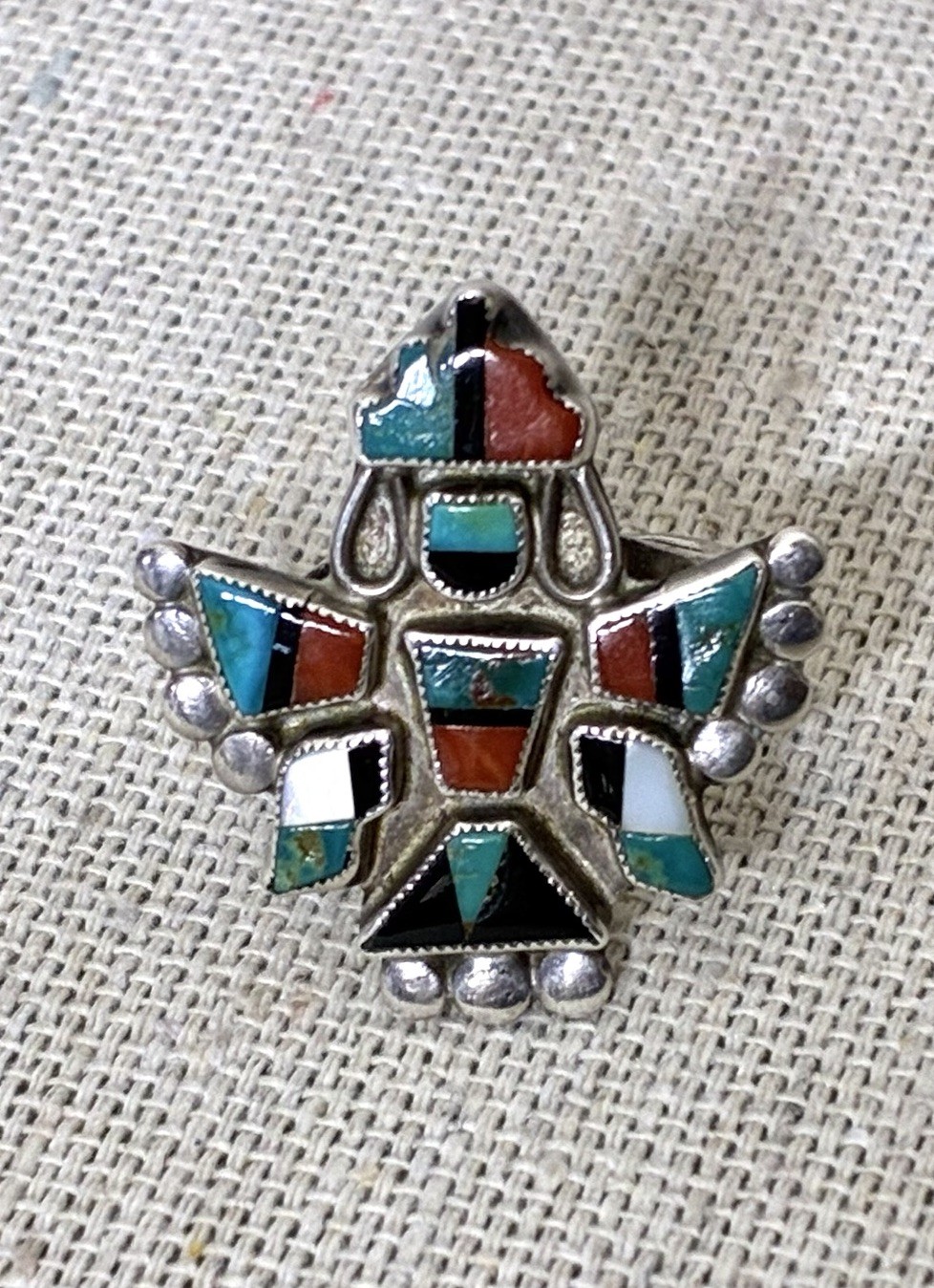 Vintage ZUNI Knifewing Inlay RING size 5.5 Turquoise Coral Jet Sterling 925