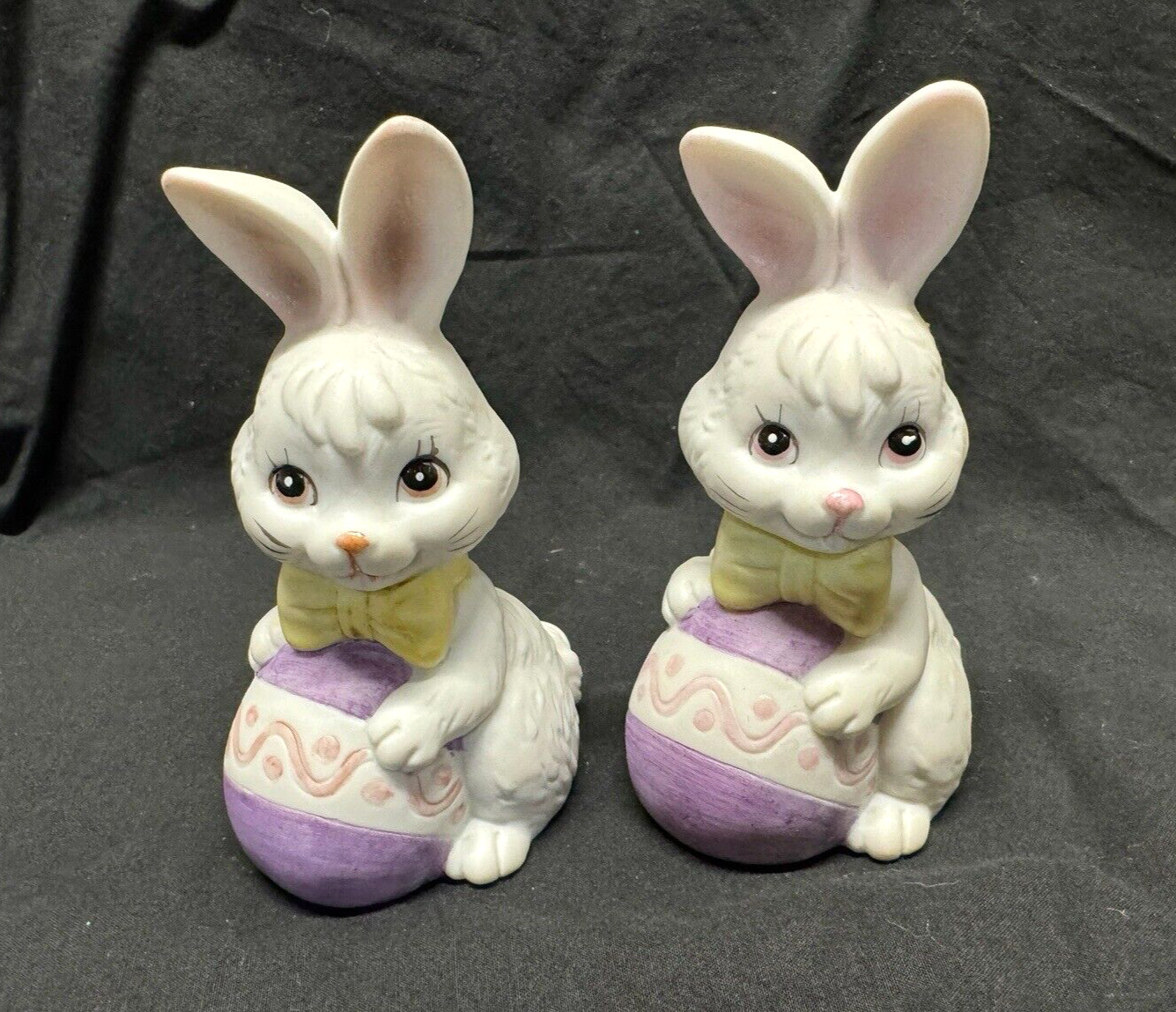 TWO Vintage JSNY Easter Bunny Bell Porcelain Rabbit w/ Egg and Bow Tie 3.5\