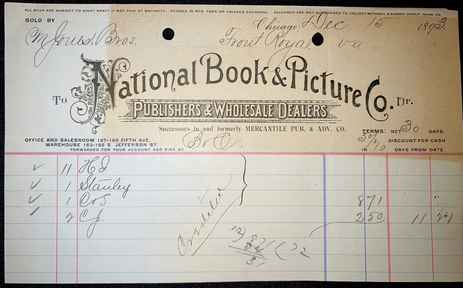 Antique 1893 NATIONAL Book & Picture COMPANY Chicago Illinois Bill Head