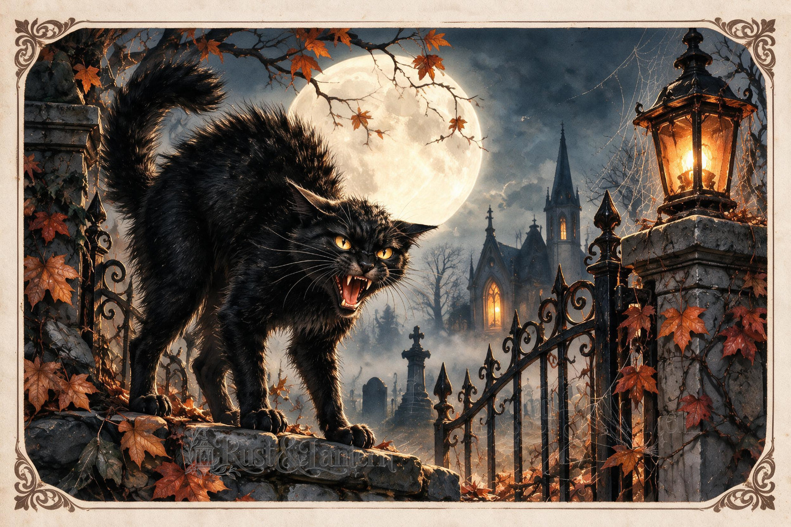 Black Cat - Halloween Postcard 4x6 Gothic Art Rust & Lantern card Original