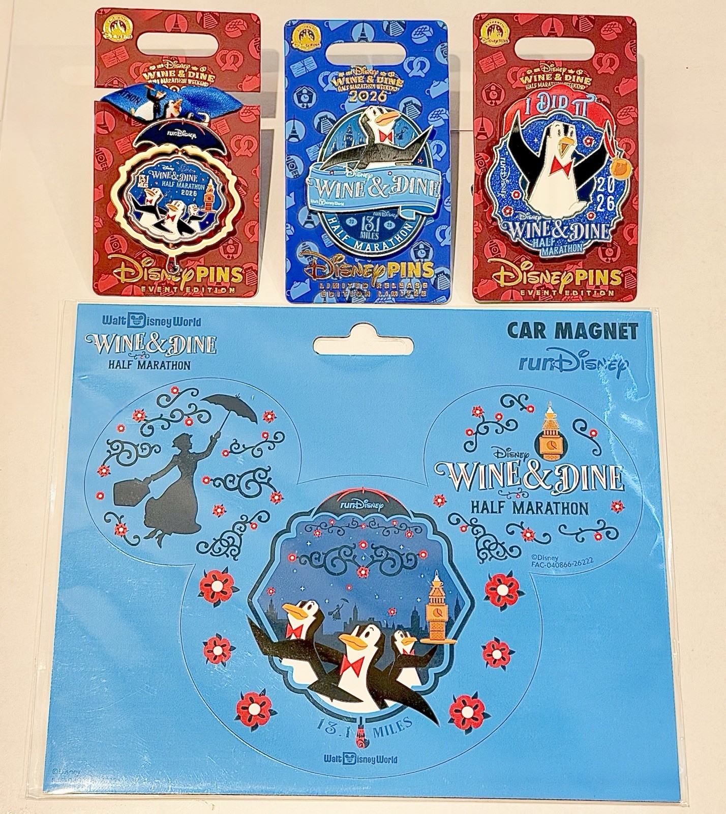2026 Disney Wine Dine Half Marathon 3 Pins Car Magnet Penguin Mary Poppins