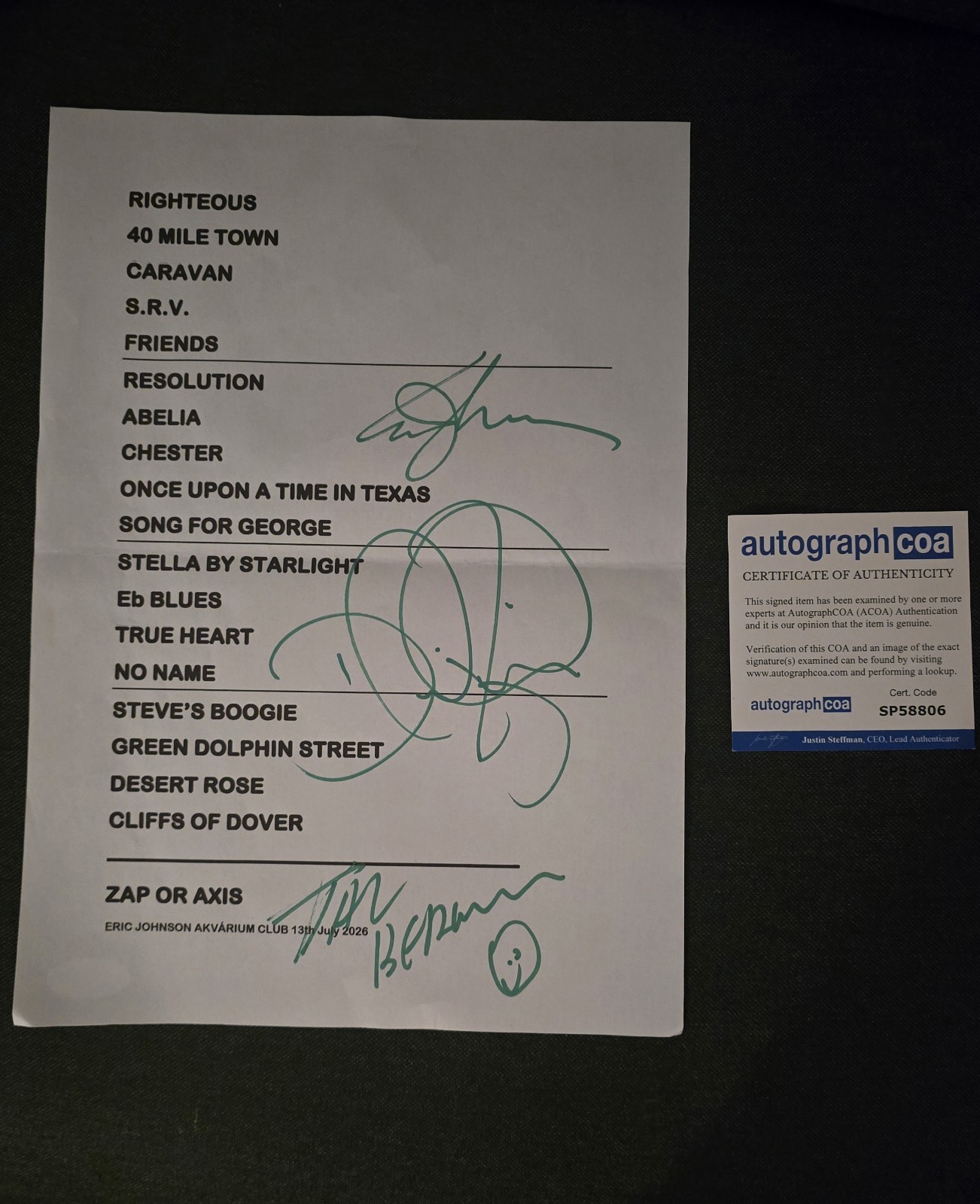ERIC JOHNSON Signed Autograph In Person SET LIST ACOA