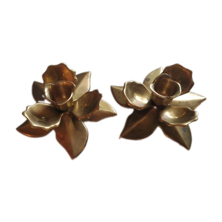 Set of 2 Solid Brass Lotus Flowers Taper Candle Holders MCM Vintage Decor Metal