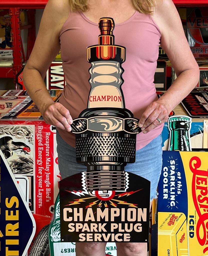 Antique Vintage Style Sign Champion Spark Plugs NOT Porcelain Made USA 30x12