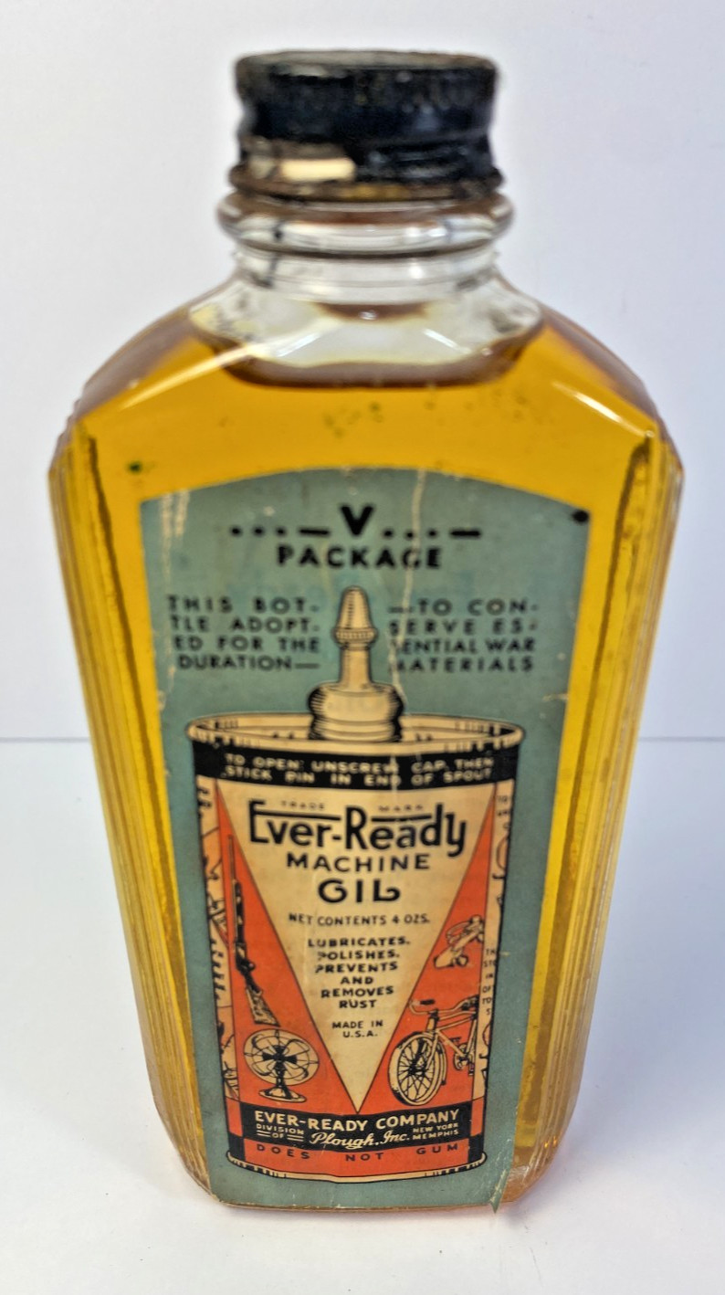 Vintage Ever-Ready Machine Oil 4 Ounce Glass Bottle with Paper Label Full NOS Vintage Ever-Ready Machine Oil 4 Ounce Glass Bottle with Paper Label Full NOS