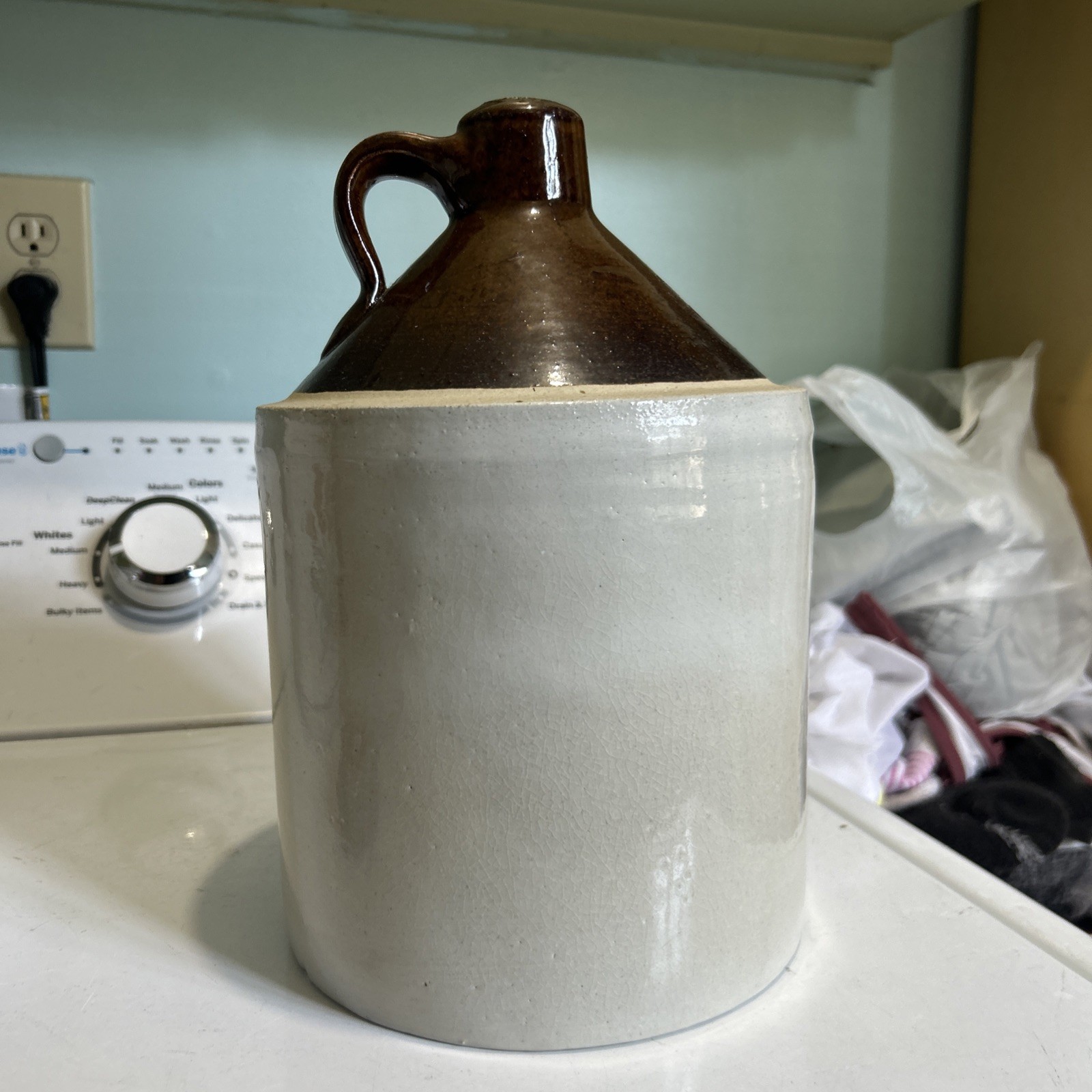 Antique Stoneware Whiskey/Moonshine Jug Two-Tone Brown & Cream Color 10.75” Tall