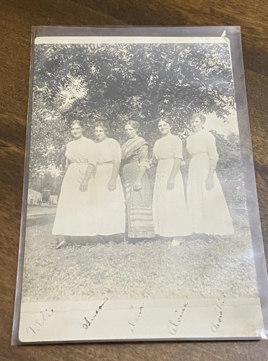 Antique RPPC Photo Postcard 5 Women Identified Names Tillie Anna Alma Alvina