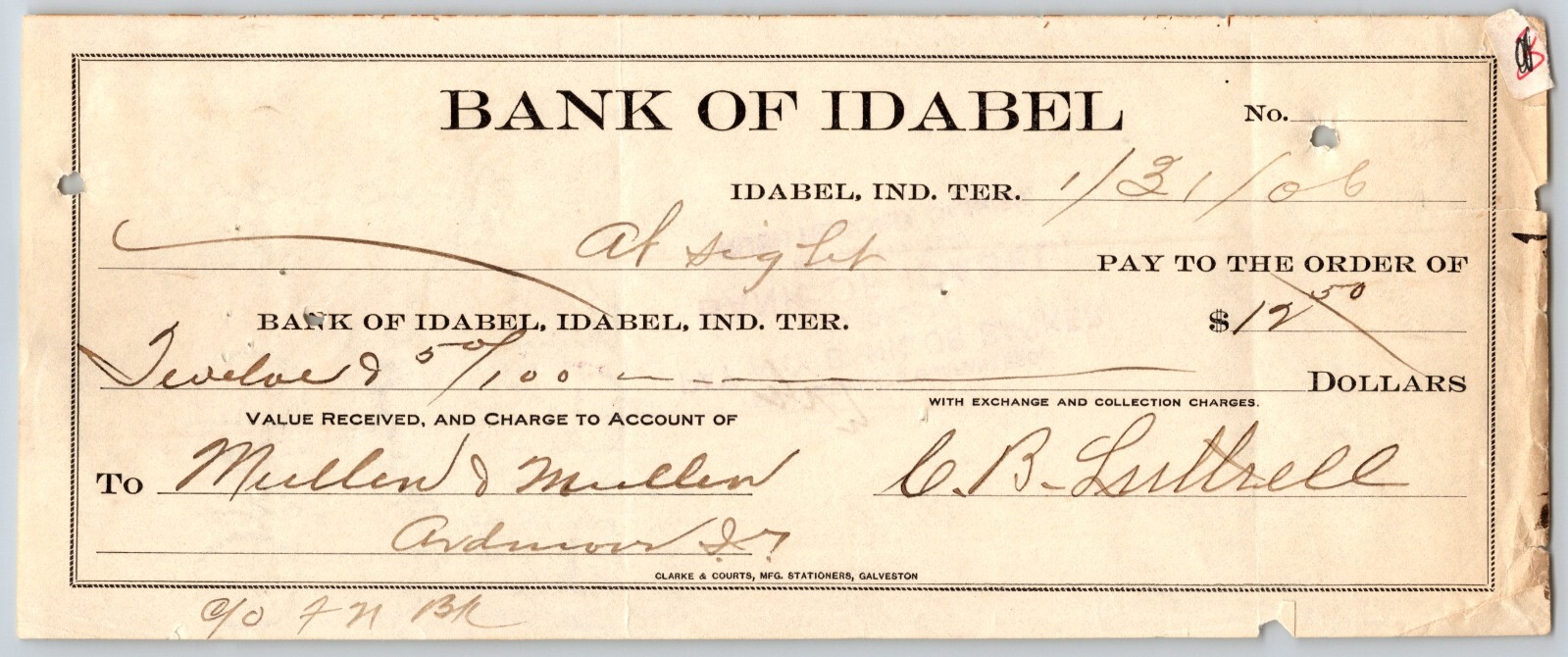Idabel, Oklahoma Indian Territory 1906 Bank of Idabel Check - Scarce
