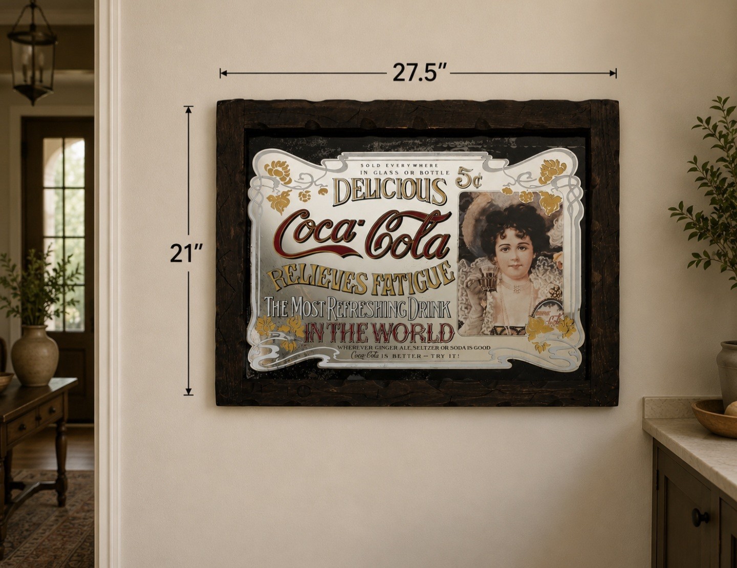 1960s Coca-Cola Mirror advertisement Ft. Hilda Clark. Wooden Frame  27\