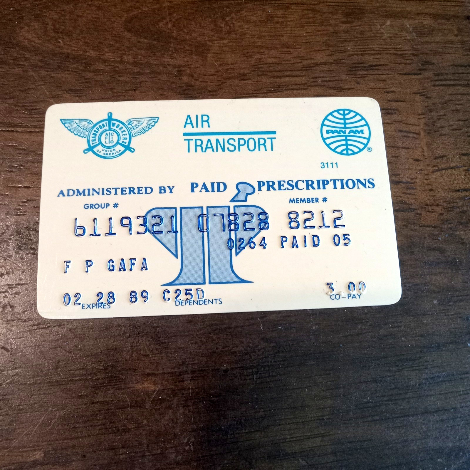 Vintage PAN AM Air Transport Employee Card Expired 1989