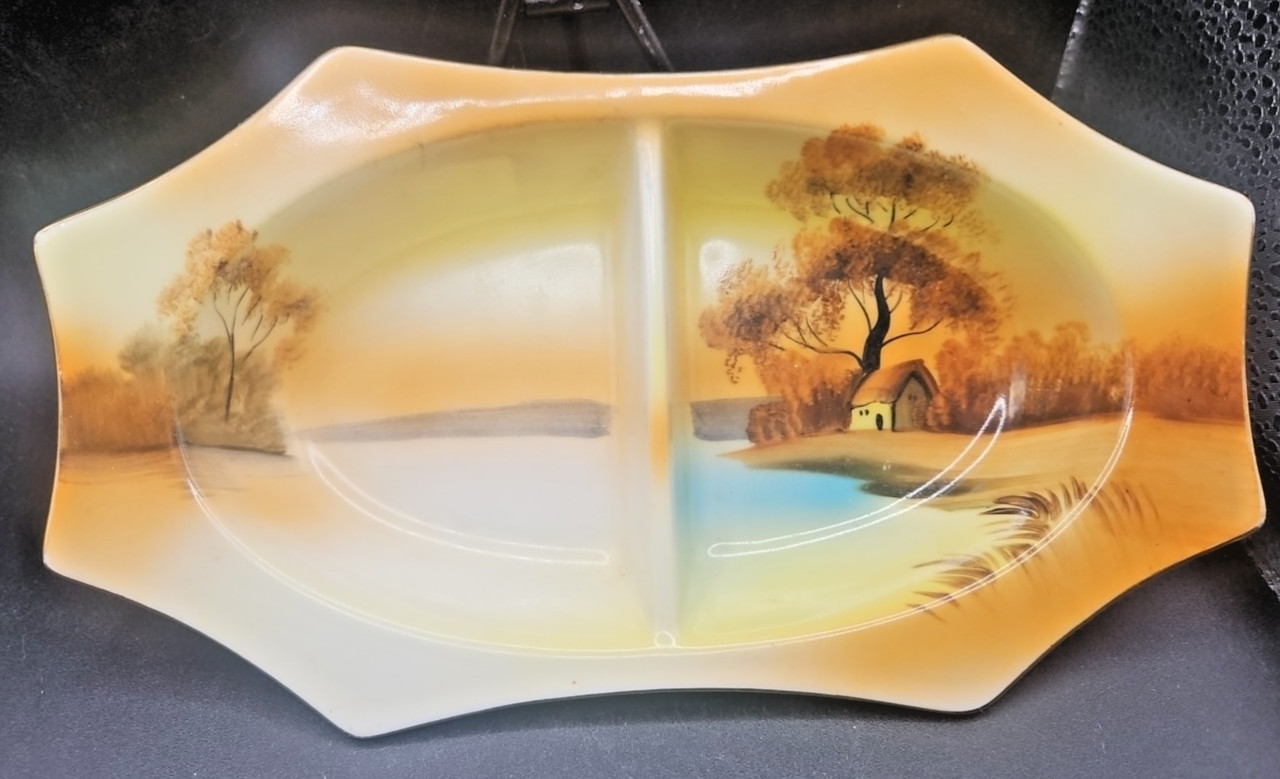 Vintage Noritake Red Mark Hand Painted Divided Relish Dish Ceramic Gold Rimmed
